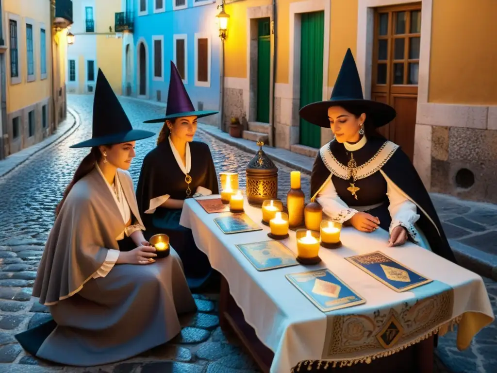 Grupo de brujas de Portobello Lisboa disfrutando de un misterioso ritual en las calles empedradas al atardecer