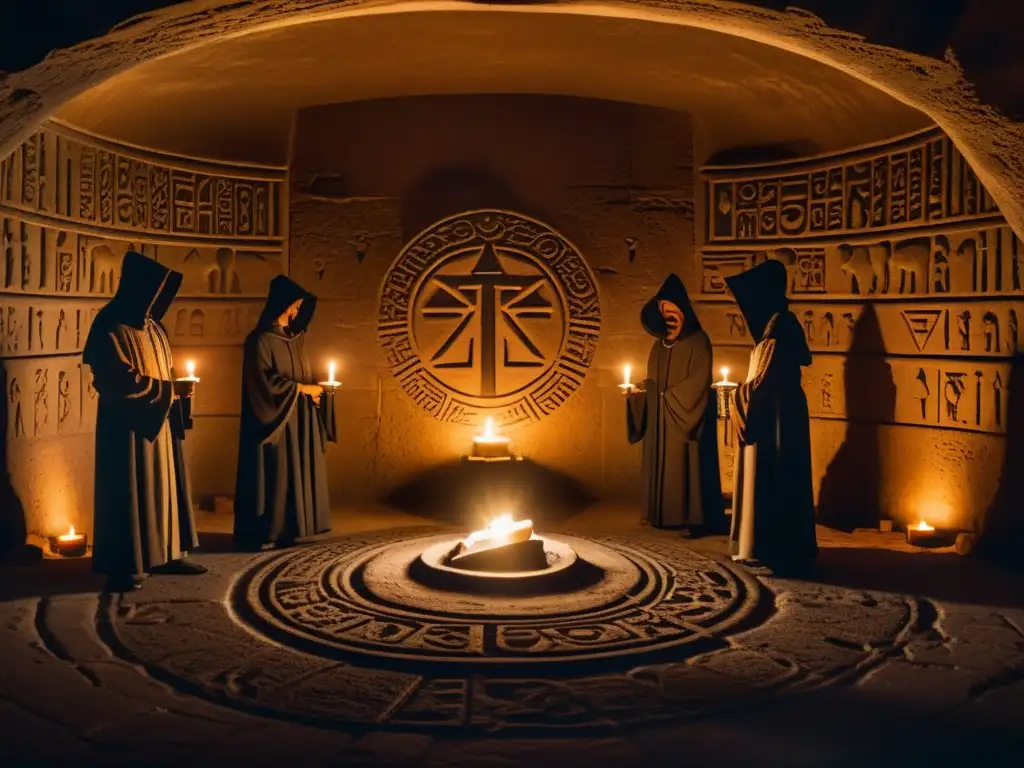Grupo en capuchas realiza misterioso ritual en cámara subterránea con símbolos antiguos