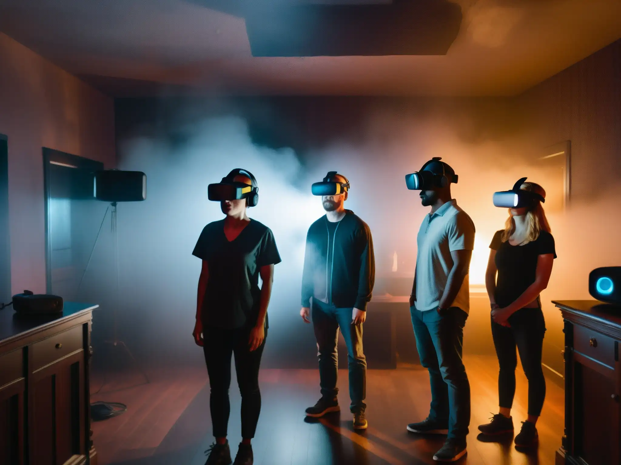 Grupo usando VR en una casa encantada virtual, con expresiones de temor y asombro