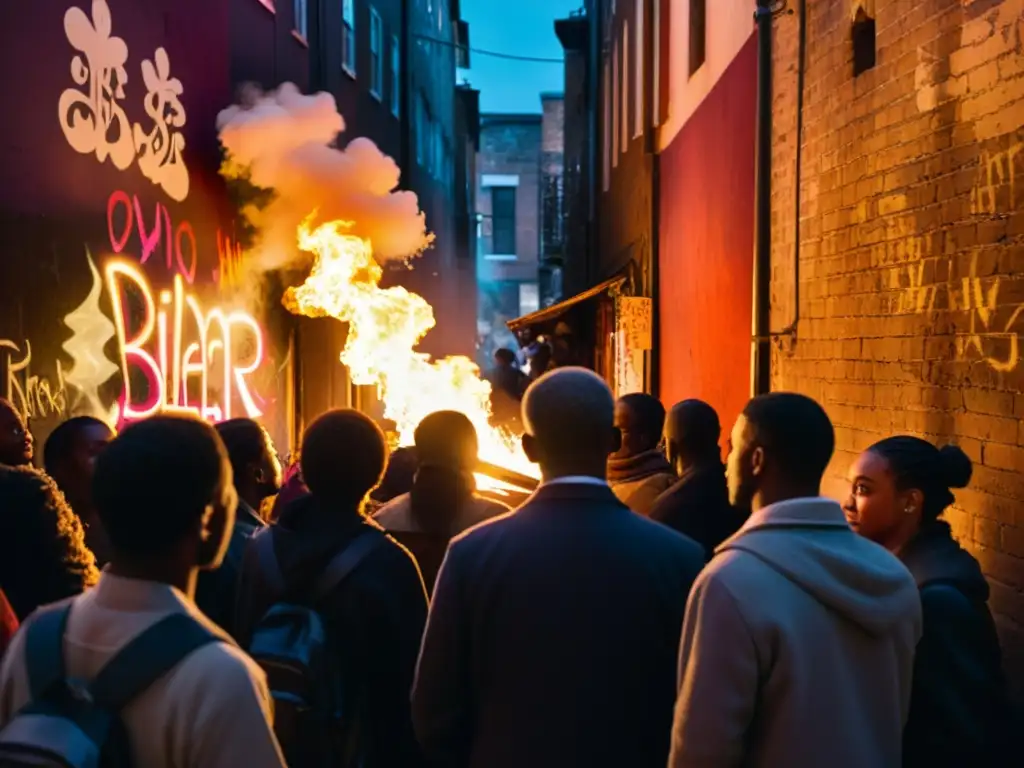Un grupo escucha cautivado una leyenda junto a un fuego en un callejón urbano, representando 'El Poder de los Ancestros en Leyendas Urbanas'