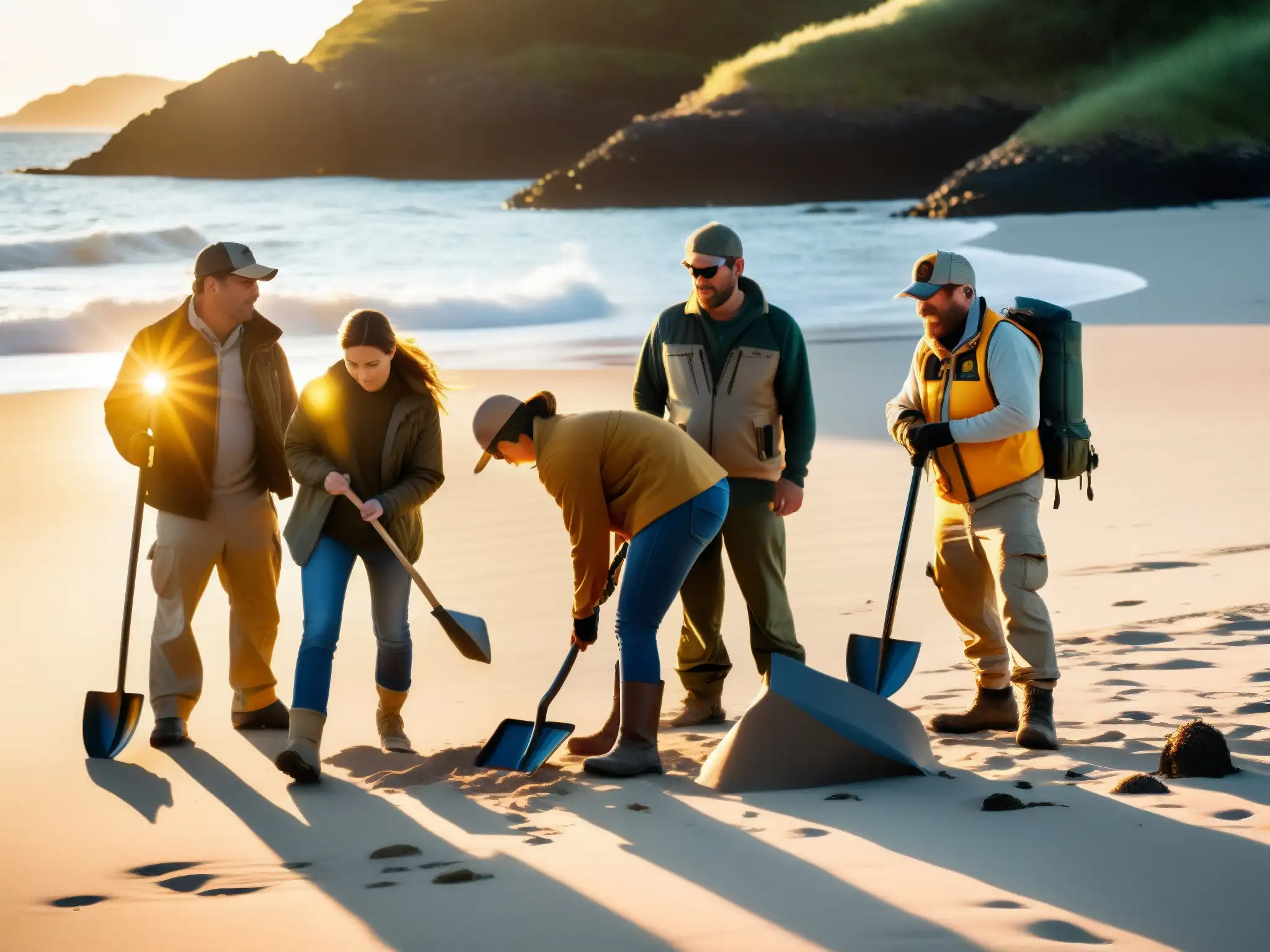 Un grupo de cazadores de tesoros busca con determinación en la playa de una remota isla, con el sol poniéndose en el horizonte