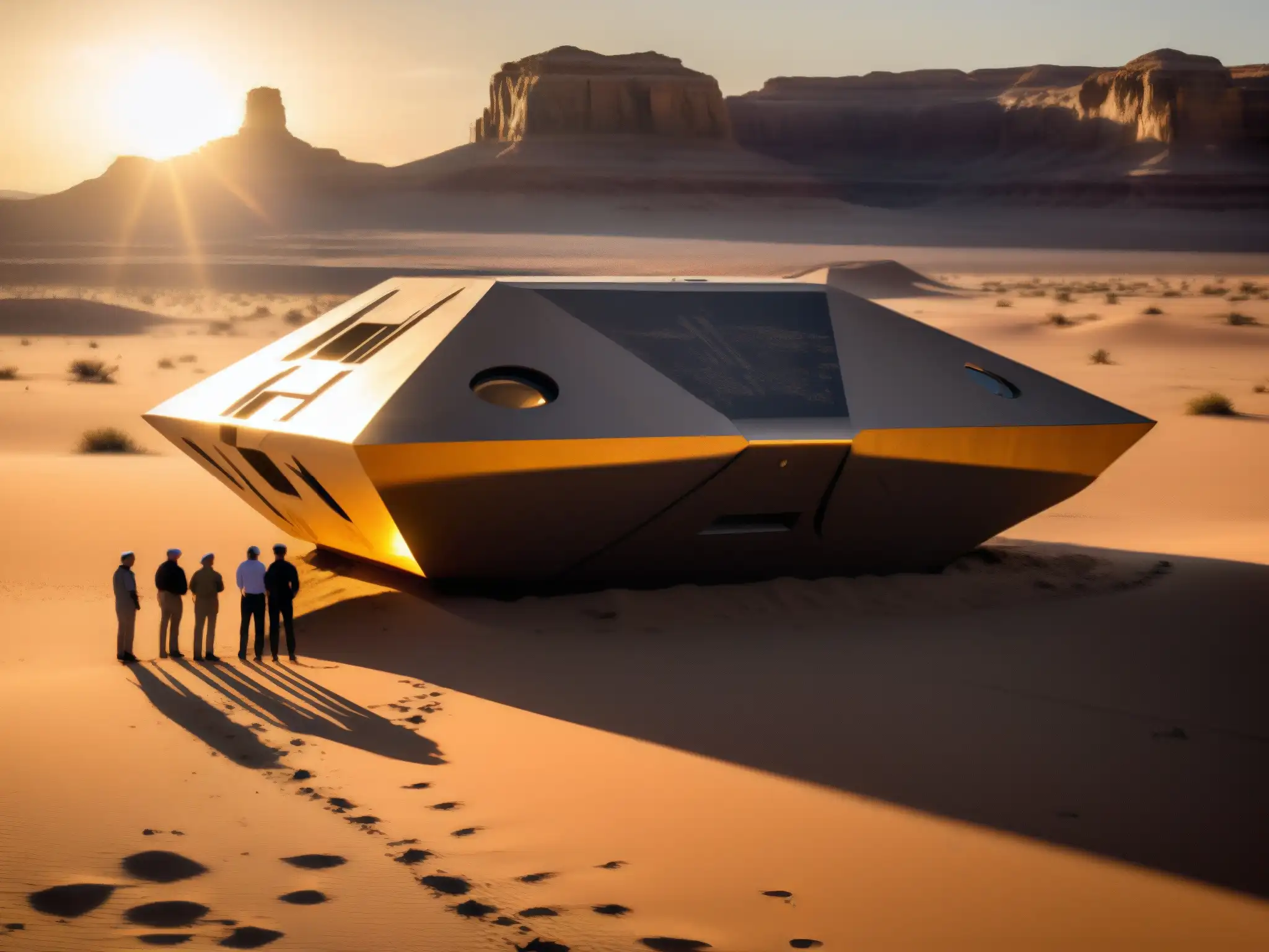 Grupo de científicos y autoridades examinan misterioso objeto metálico en desierto al atardecer, revelando contacto extraterrestre públicamente