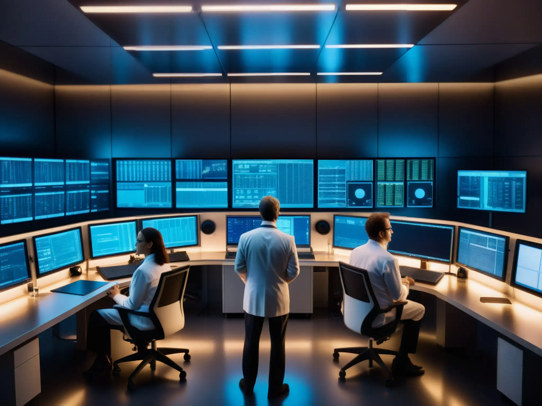 Un grupo de científicos concentrados alrededor de equipos de monitoreo en un laboratorio tenue, investigando El misterioso sonido global 'The Hum'