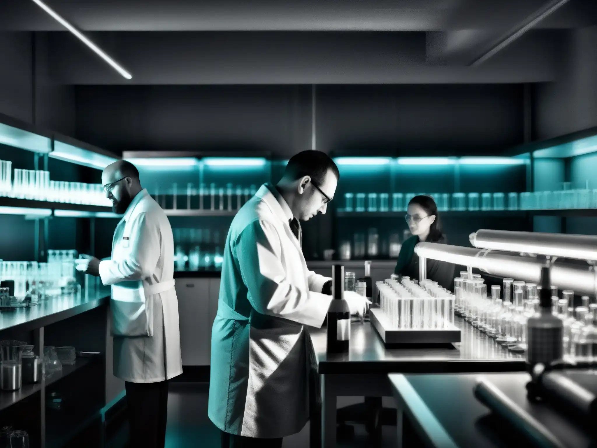 Grupo de científicos intensamente enfocados en un laboratorio tenue, con tubos de ensayo y equipo científico