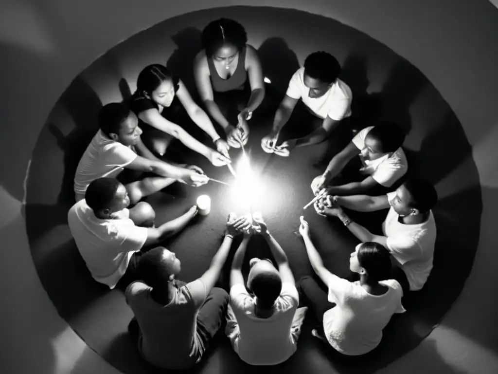 Grupo en círculo con médium en trance, velas, incienso y objetos espirituales