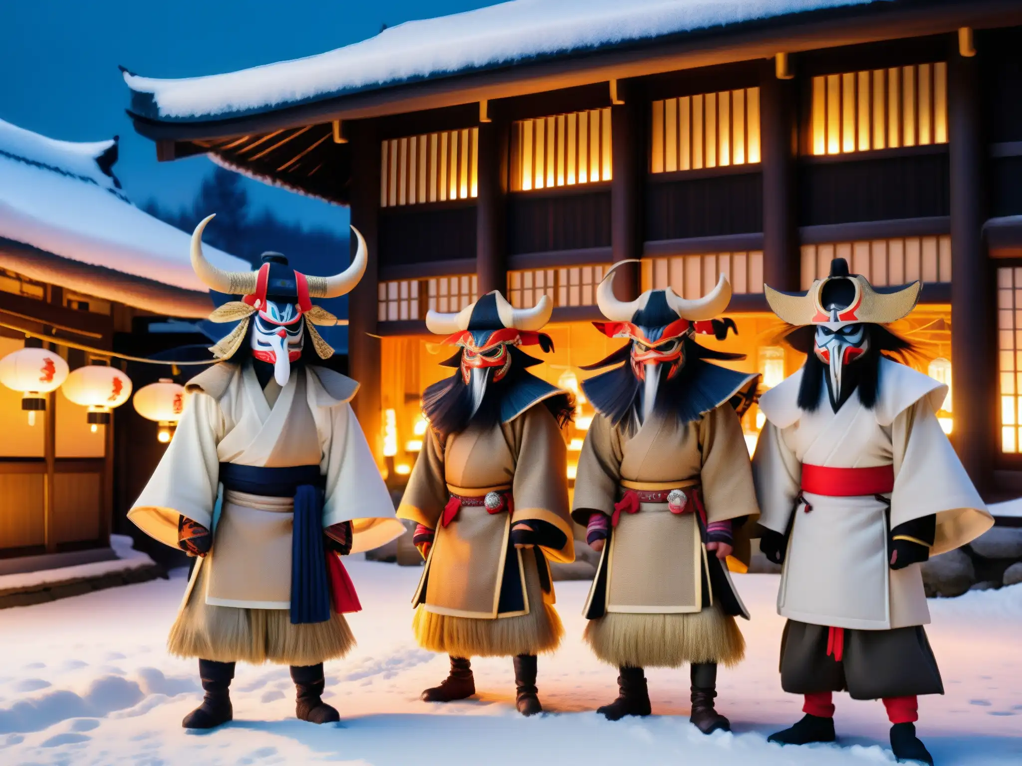 Grupo de Namahage, demonios de la leyenda del Año Nuevo en un pueblo nevado de Japón, con cálidas linternas y figuras amenazantes
