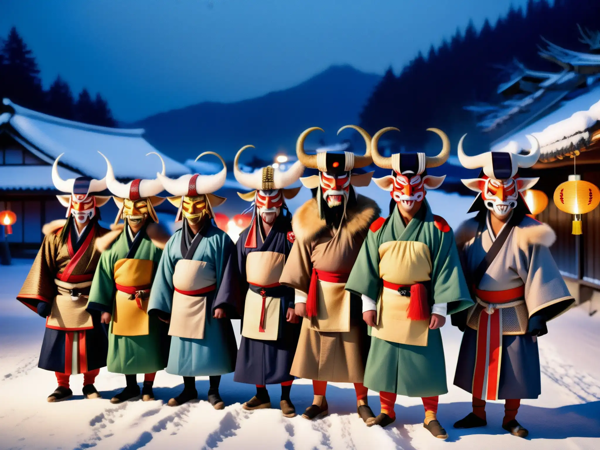 Un grupo de Namahage demonios en trajes tradicionales japoneses danza en una aldea nevada de noche, iluminados por faroles de papel