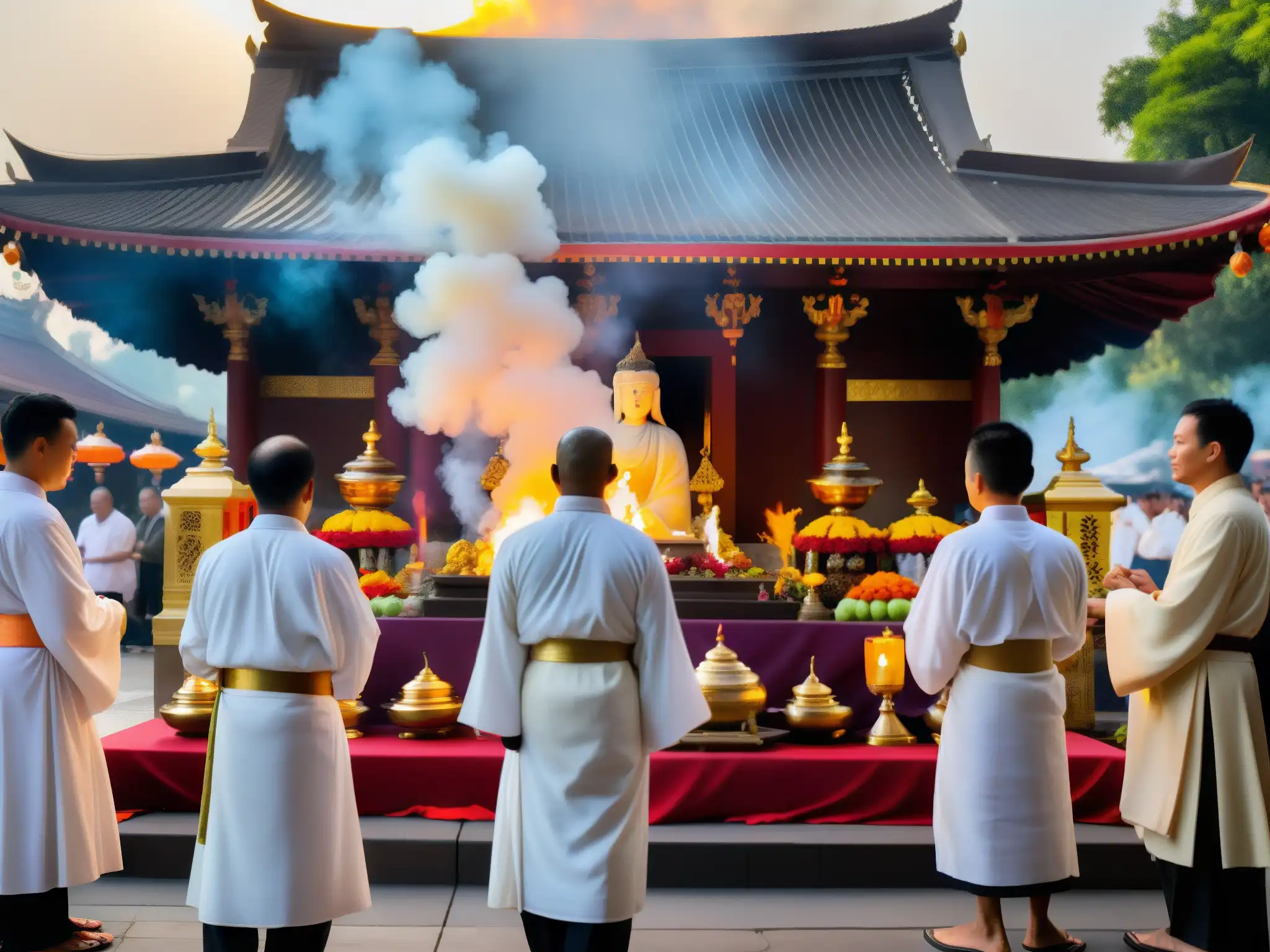 Grupo de devotos vestidos con túnicas blancas frente a un santuario decorado en Myanmar, con humo de incienso y ofrendas