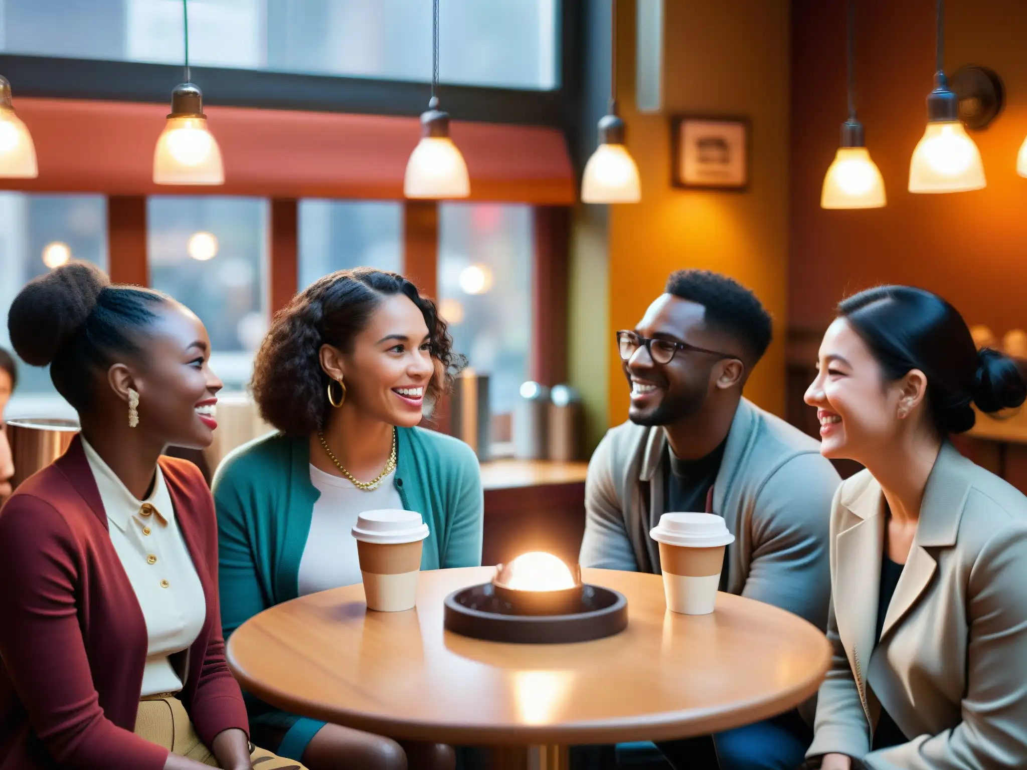 Un grupo diverso conversa animadamente en un café acogedor, creando un impacto leyendas urbanas en comunicación
