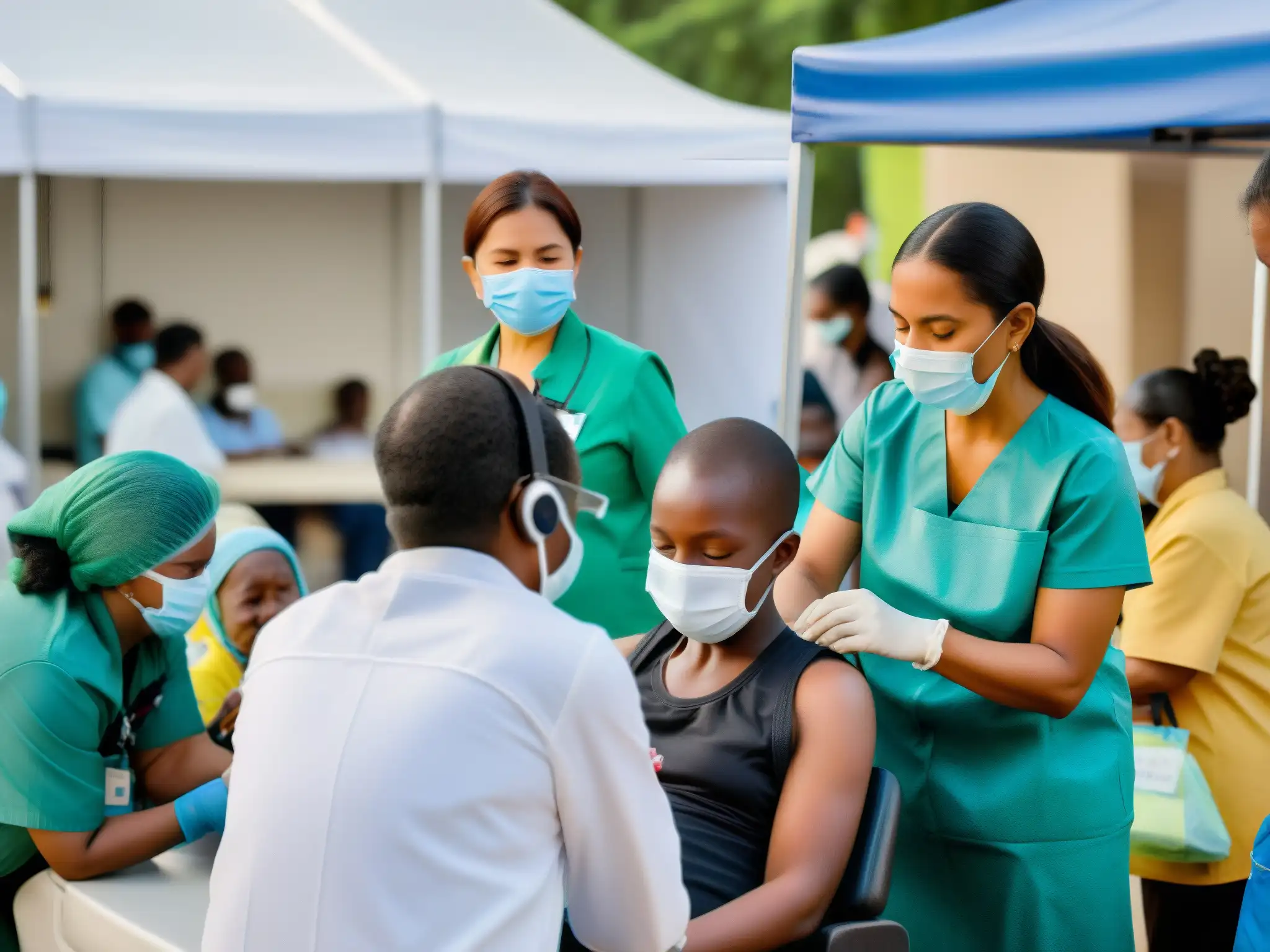 Un grupo diverso recibe vacunas en una clínica móvil de salud pública en una bulliciosa calle de la ciudad, desmintiendo mitos urbanos