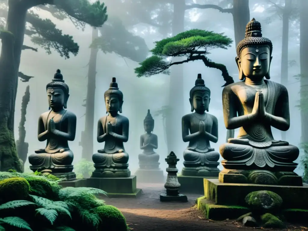 Grupo de estatuas antiguas de Kasajizo en misterioso bosque con origen mitológico