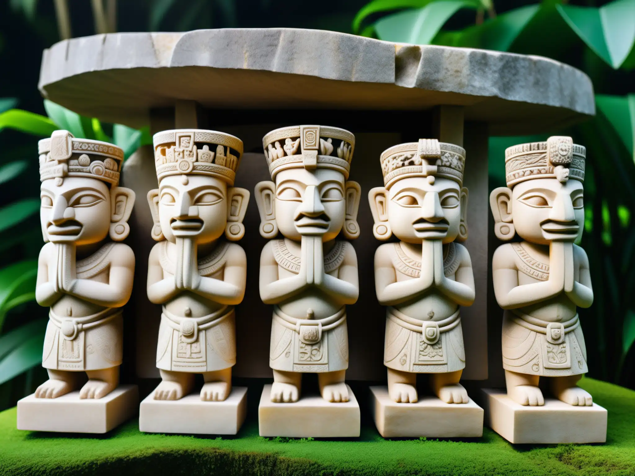 Grupo de estatuas esculpidas de aluxes mayas, capturando su espíritu juguetón