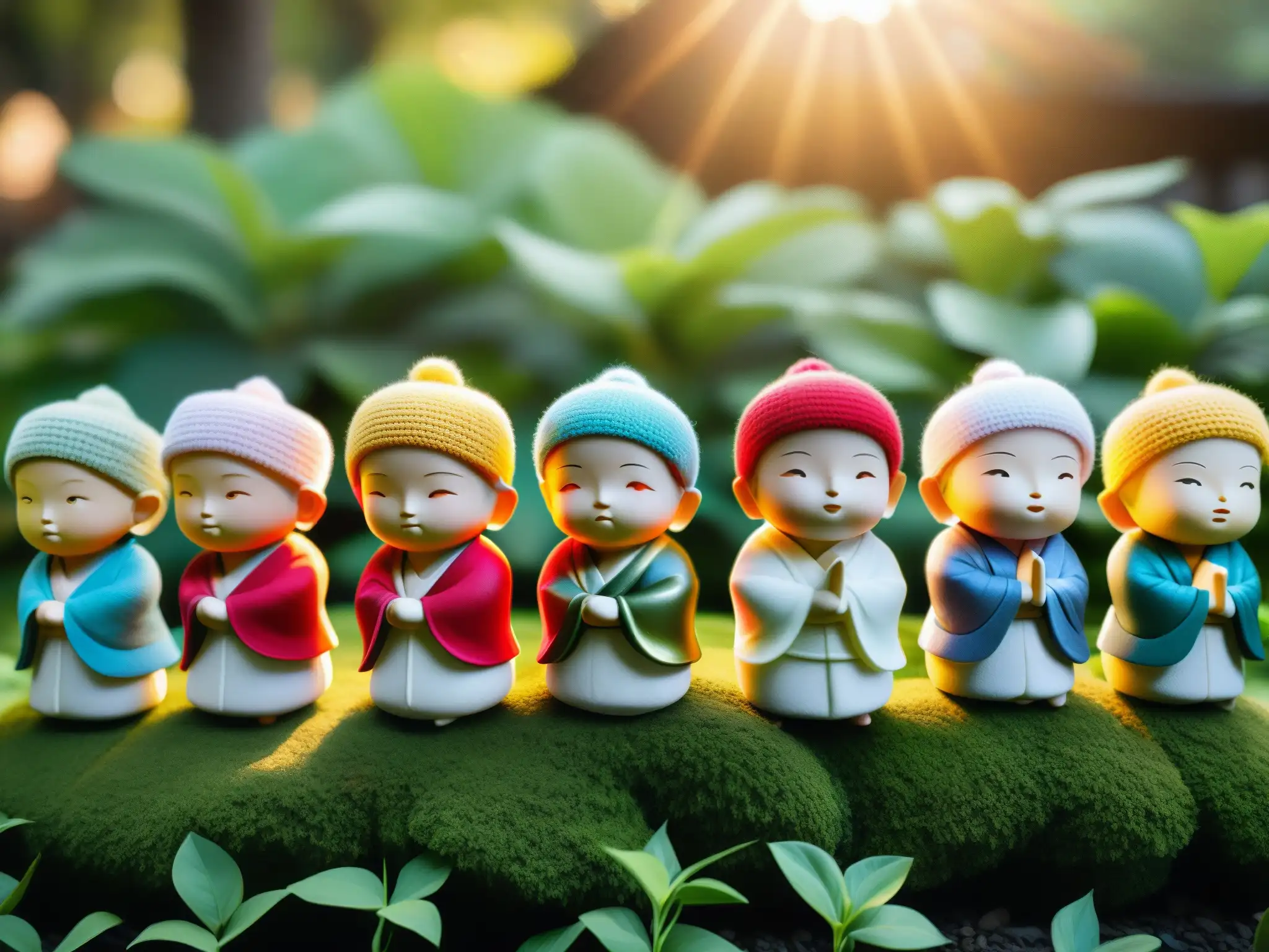 Un grupo de estatuas Jizo que lloran, rodeadas de naturaleza exuberante y ofrendas, evocando paz y compasión