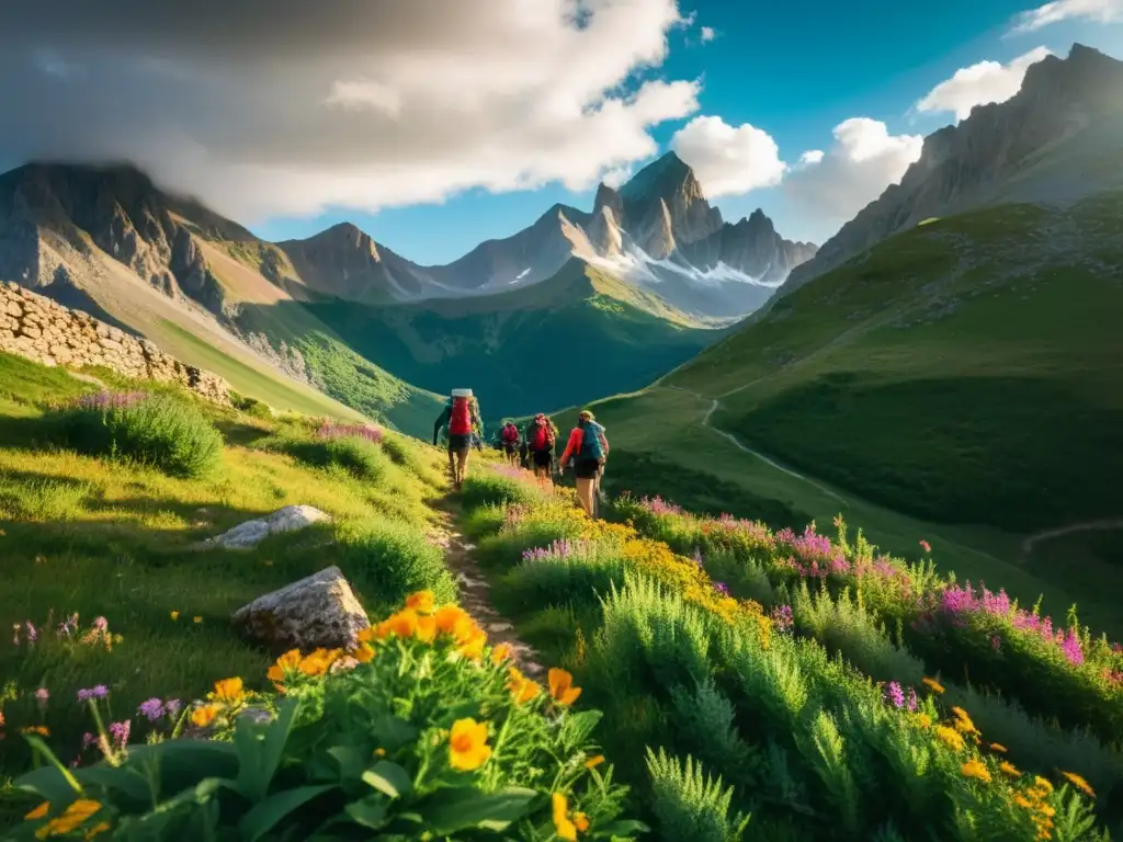 Grupo de excursionistas explorando el terreno accidentado de los Pirineos, con el majestuoso rango montañoso de fondo