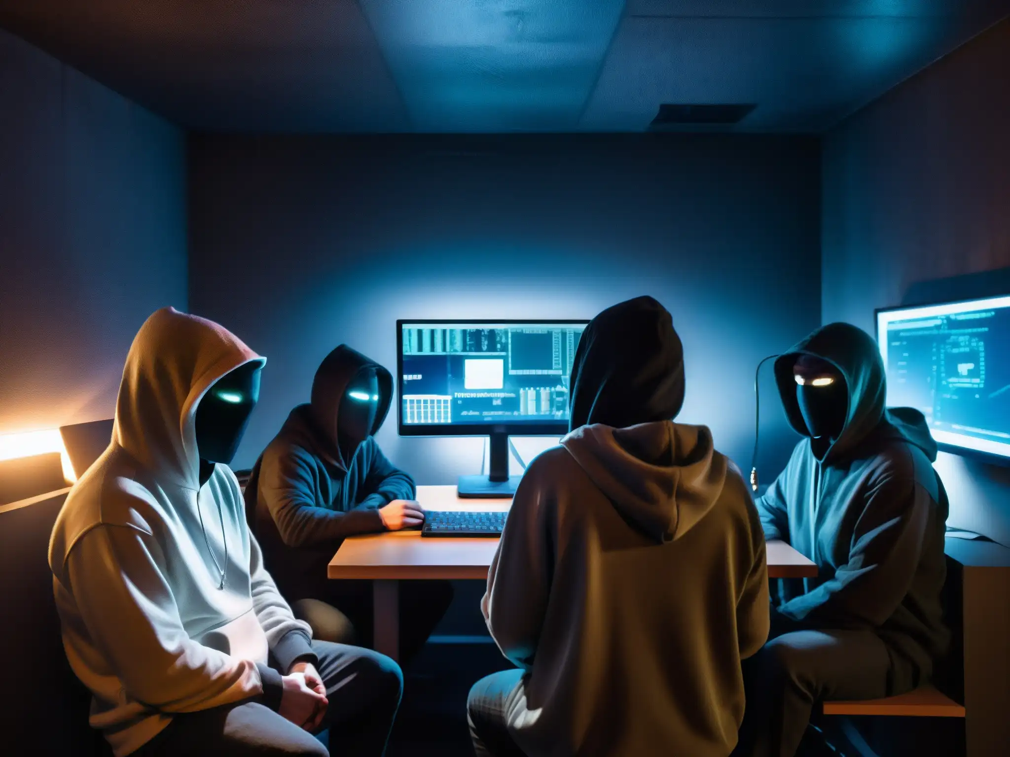 Un grupo de figuras en capuchas y máscaras rodea un ordenador en una habitación subterránea oscura