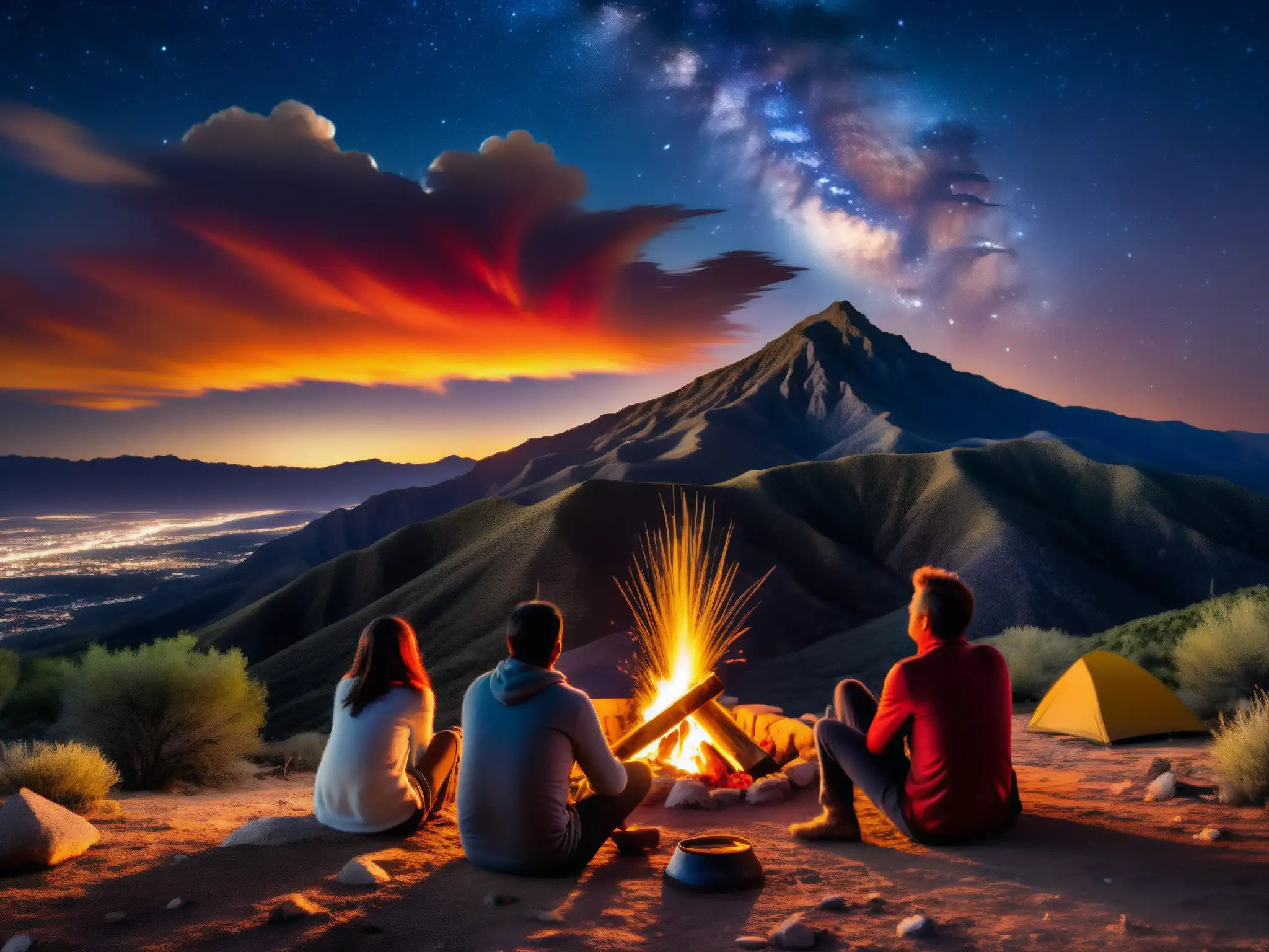 Un grupo de figuras místicas se reúne alrededor de una fogata, asombrados por la 'Bola de Fuego' en el cielo nocturno de México