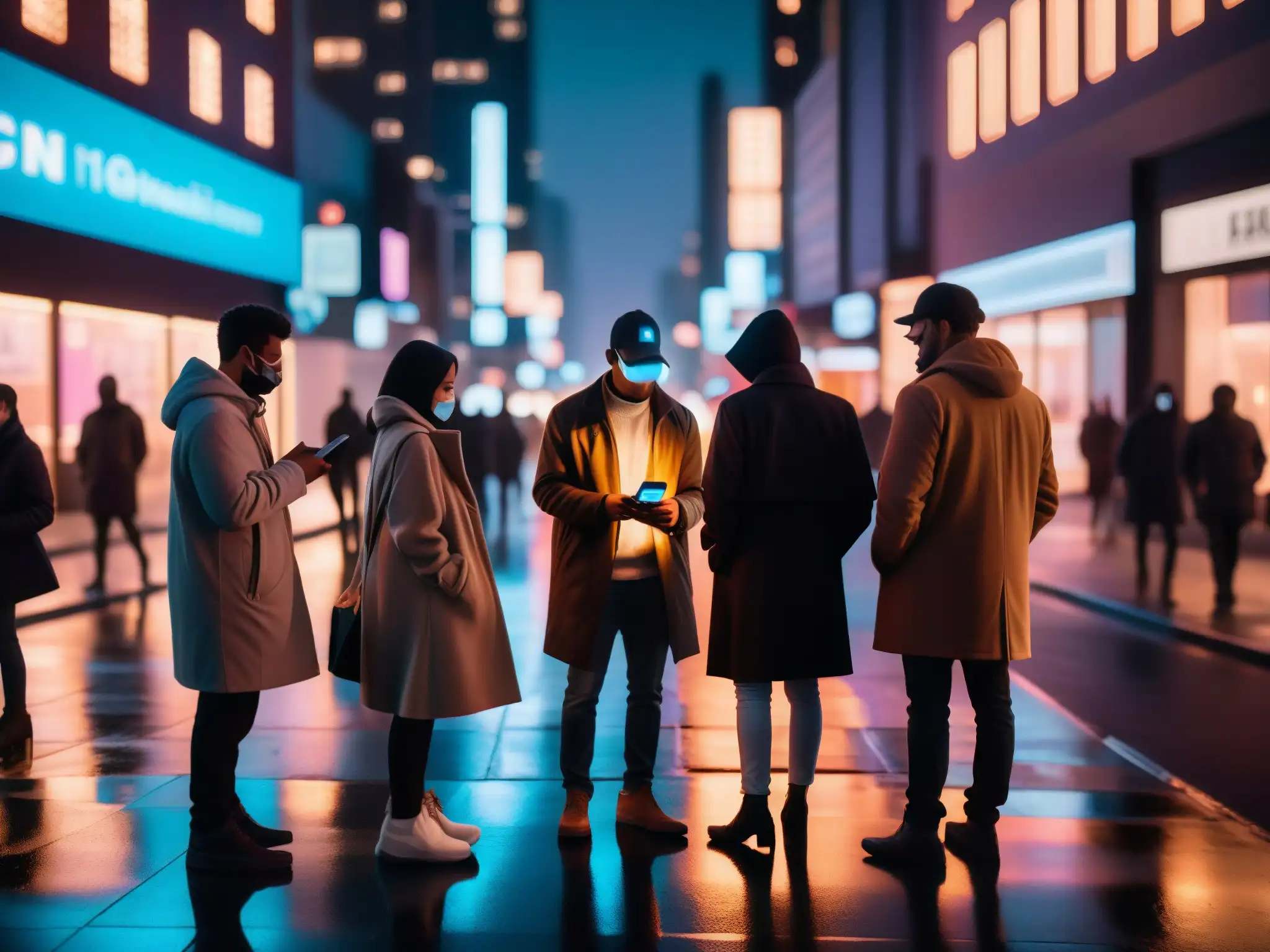 Grupo de figuras sombrías en una calle nocturna, absortas en un smartphone