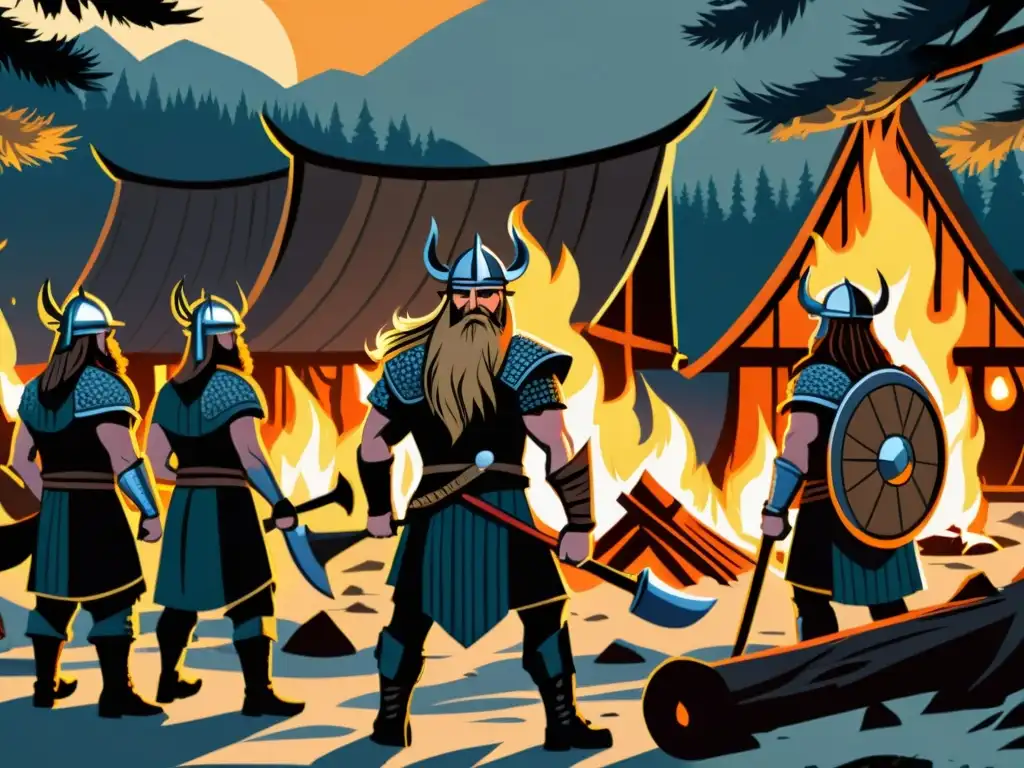 Un grupo de berserkers se reúnen alrededor de una fogata en una casa vikinga entre los pinos, evocando el origen y mitos de los berserkers
