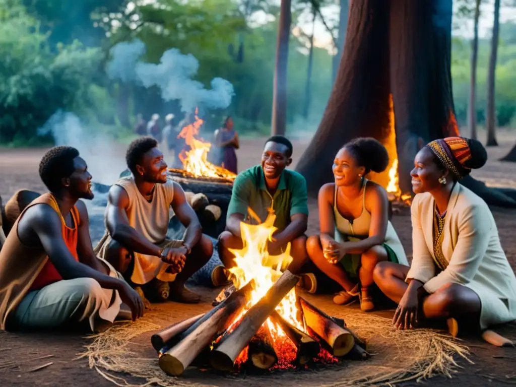Grupo en fogata, bosque denso, atuendos africanos, cuentacuentos, espiritualidad africana mitos leyendas urbanas