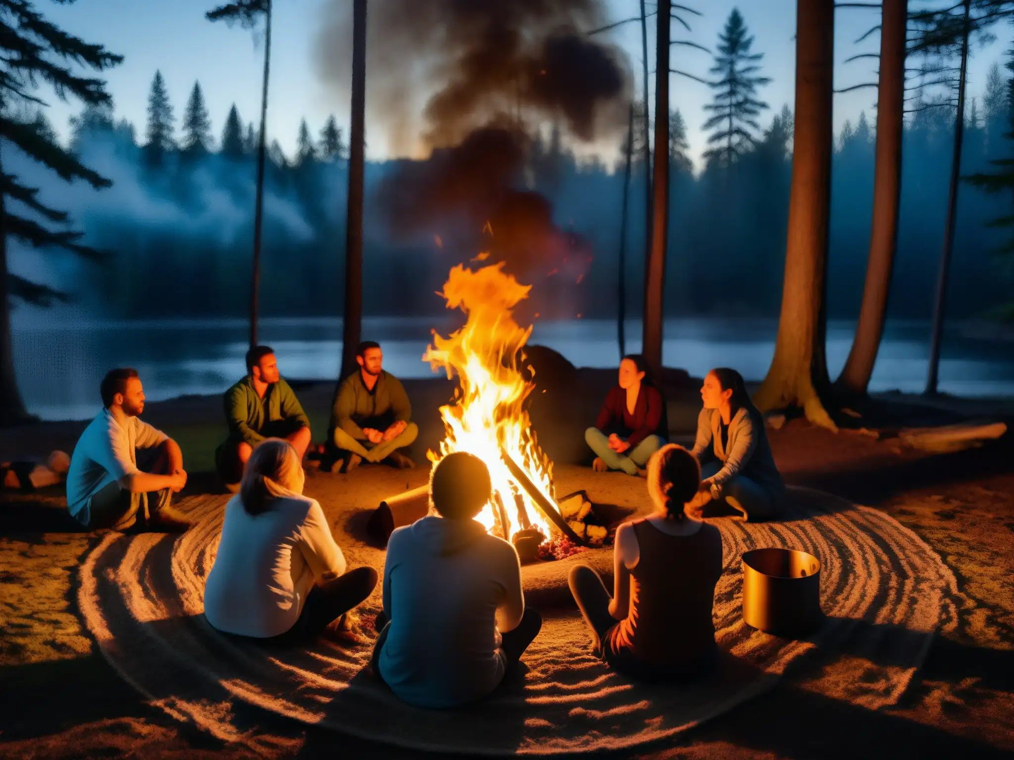 Un grupo se reúne alrededor de una fogata en la oscuridad del bosque, escuchando atentamente al narrador mientras comparte leyendas urbanas