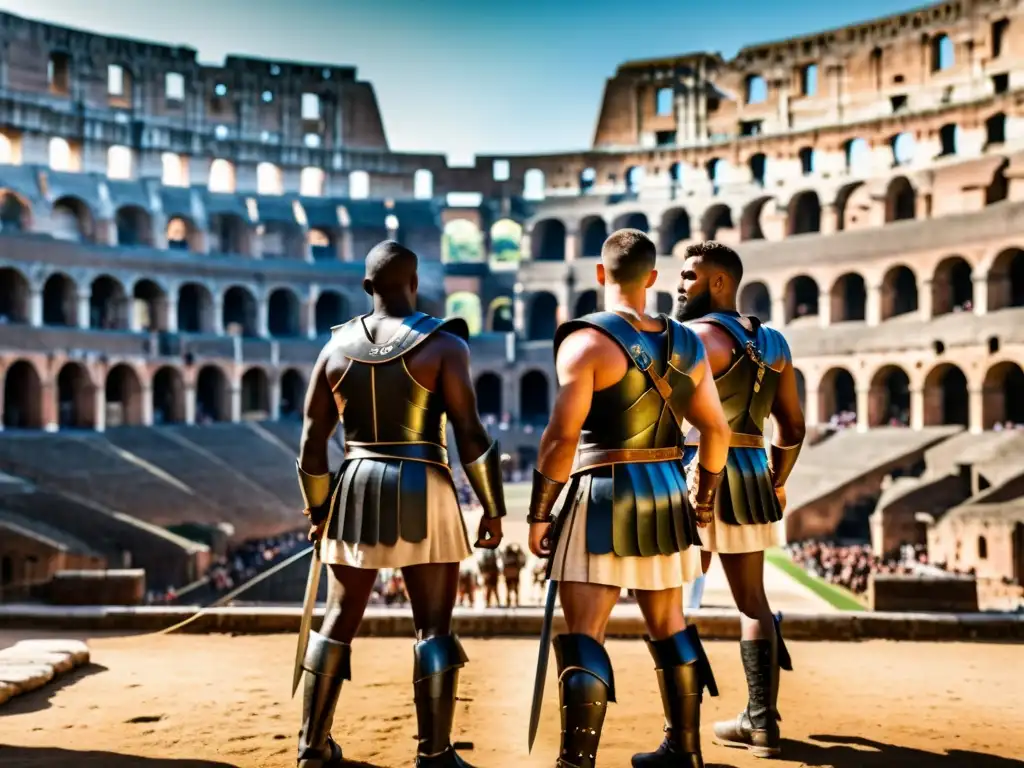 Grupo de gladiadores preparándose para la batalla en el Coliseo de Roma, con detalles de armaduras y un público expectante al fondo