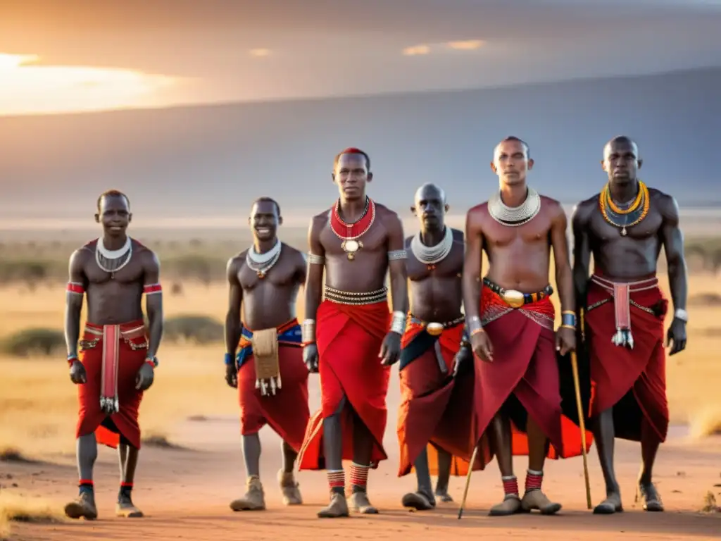 Grupo de guerreros Maasai danzando al atardecer en la sabana del Parque Nacional Amboseli, exudando fuerza y tradición
