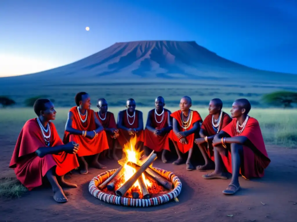 Un grupo de guerreros Maasai se reúne alrededor de una fogata al anochecer para compartir mitos y leyendas urbanas Maasai en una escena documentalmente impresionante