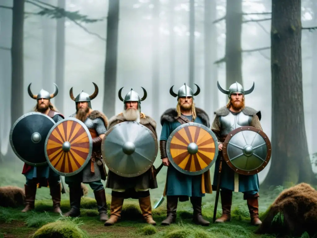 Un grupo de guerreros vikingos en un bosque neblinoso, con luz solar filtrándose entre los árboles