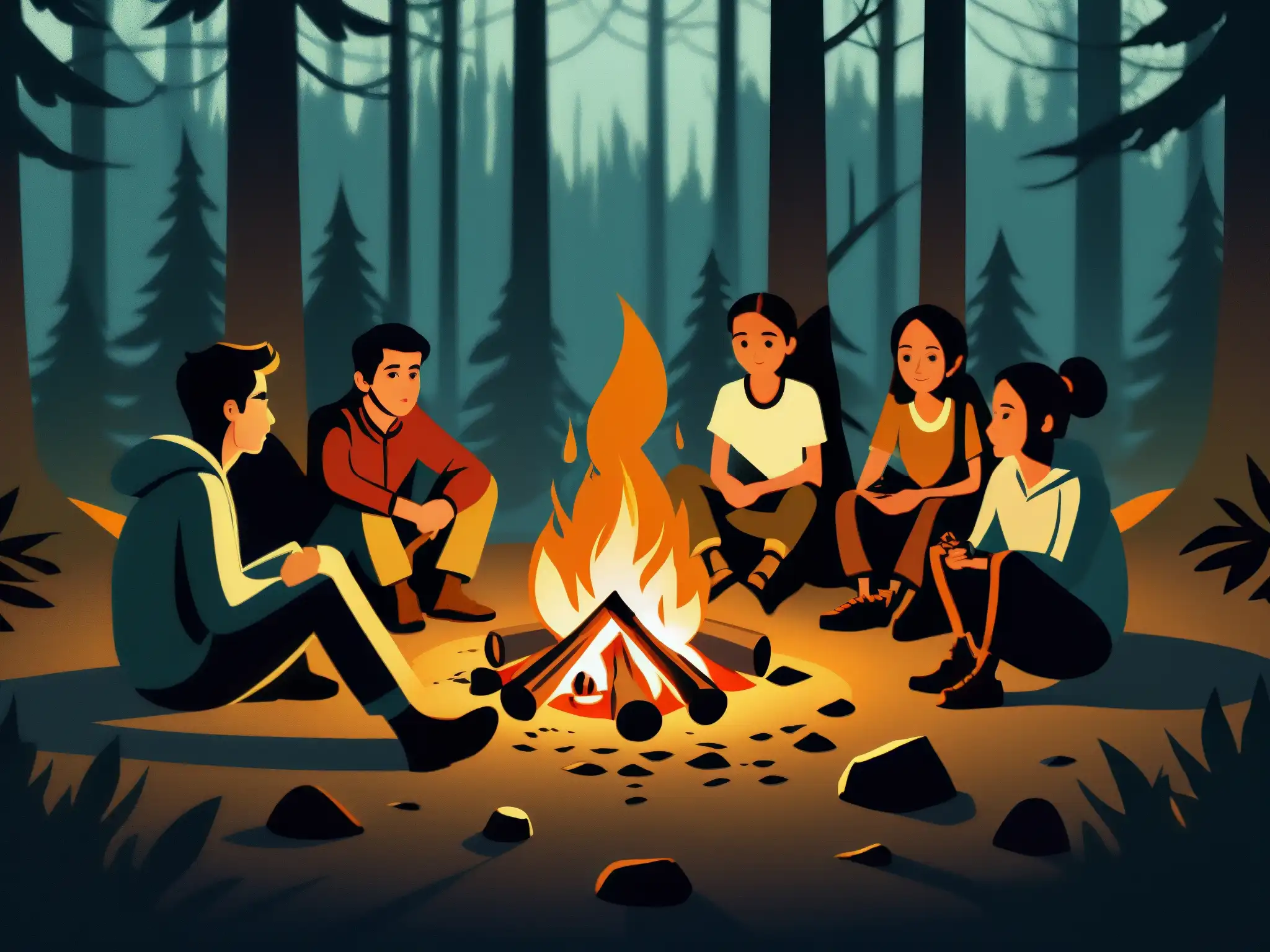 Grupo escucha historia junto fogata en bosque, impacto leyendas urbanas en comunicación palpable
