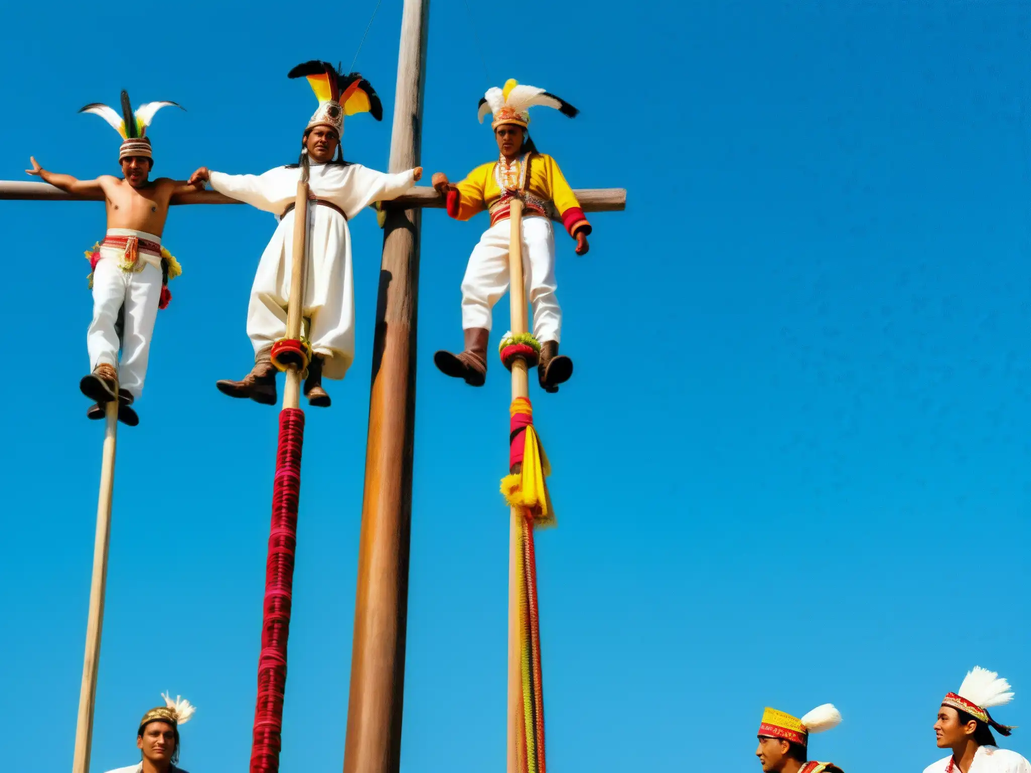 Un grupo de hombres indígenas viste trajes tradicionales y se prepara para el místico Ritual de los Voladores de Papantla, con el cielo azul de fondo