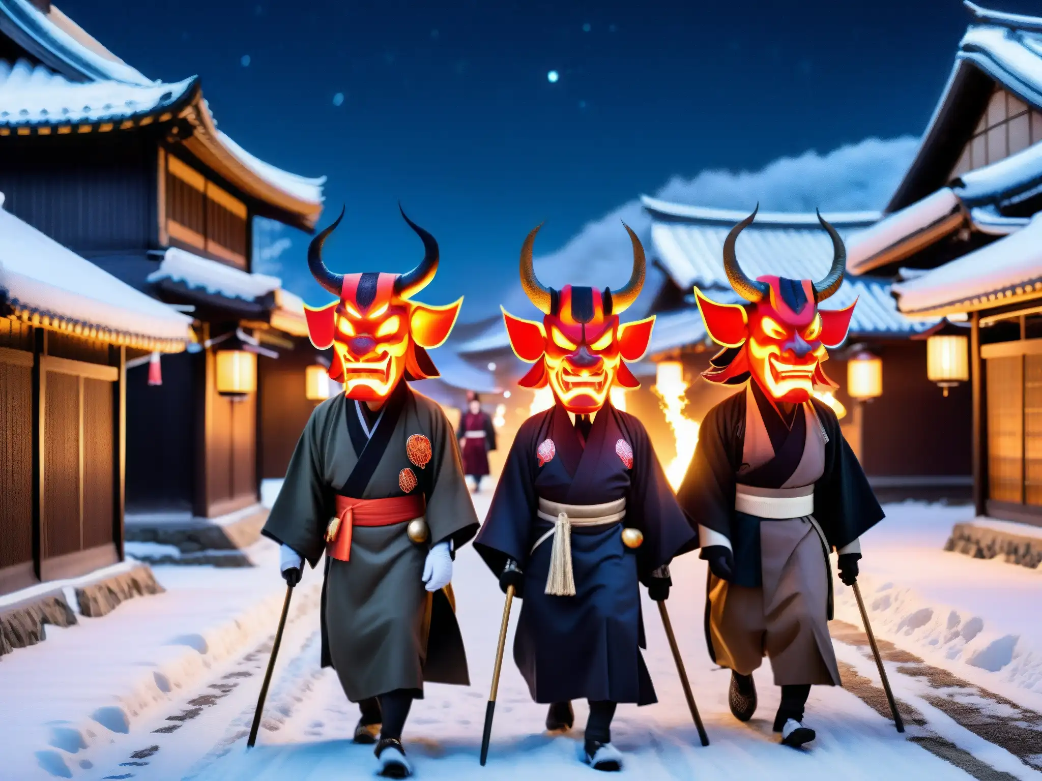 Un grupo de hombres con máscaras de demonio Namahage, llevando antorchas, caminan por un pueblo nevado en la noche