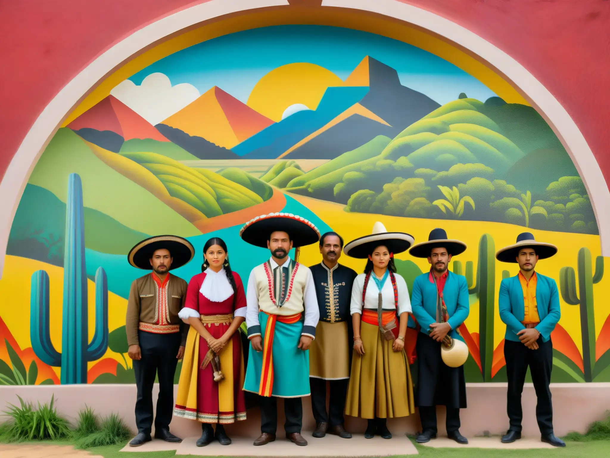 Un grupo de indígenas en vestimenta tradicional frente a un mural histórico que captura el espíritu insurgente del Estado de México