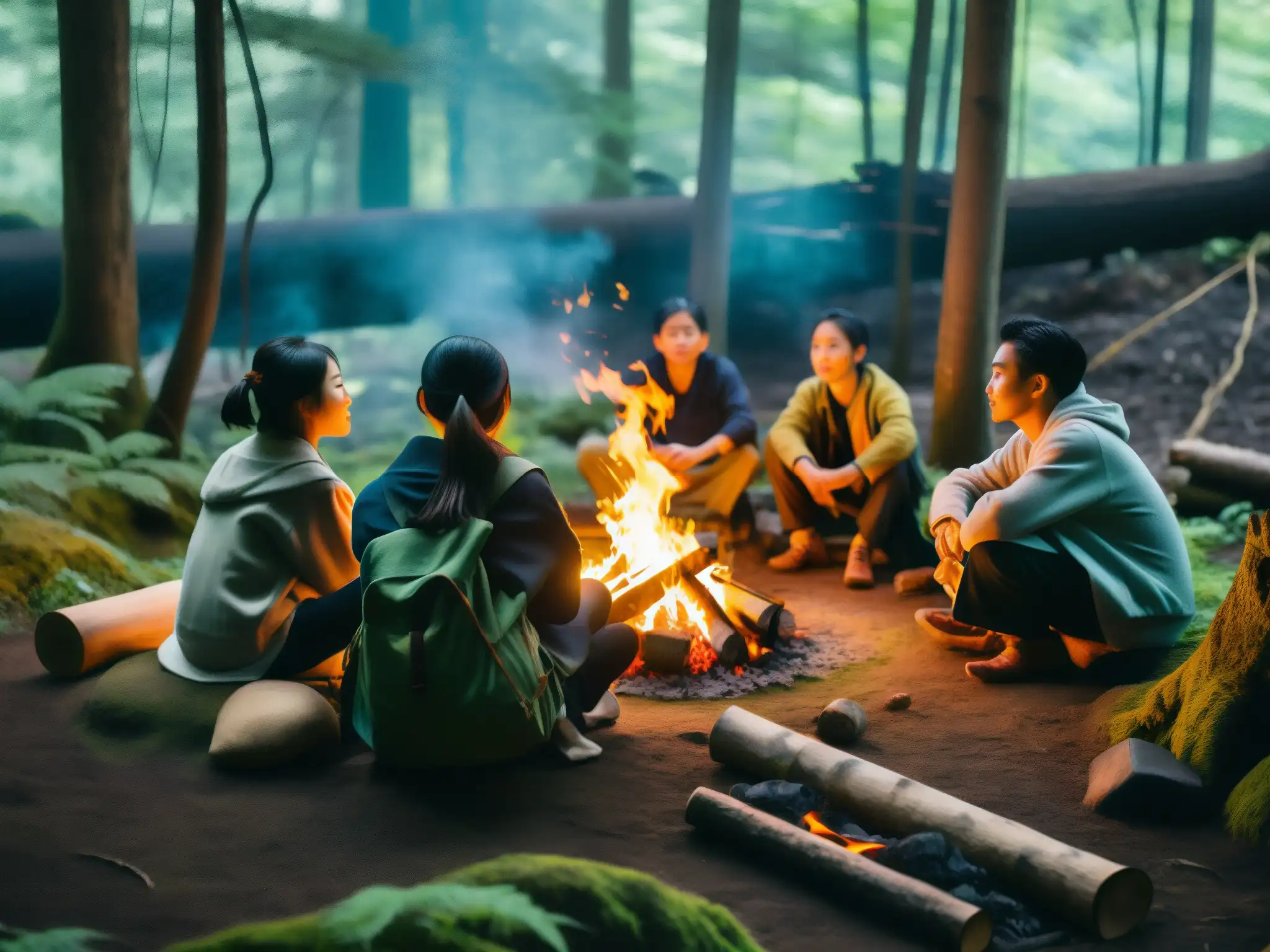 Un grupo de influencers escucha atentamente un mito japonés alrededor de una fogata en un bosque místico
