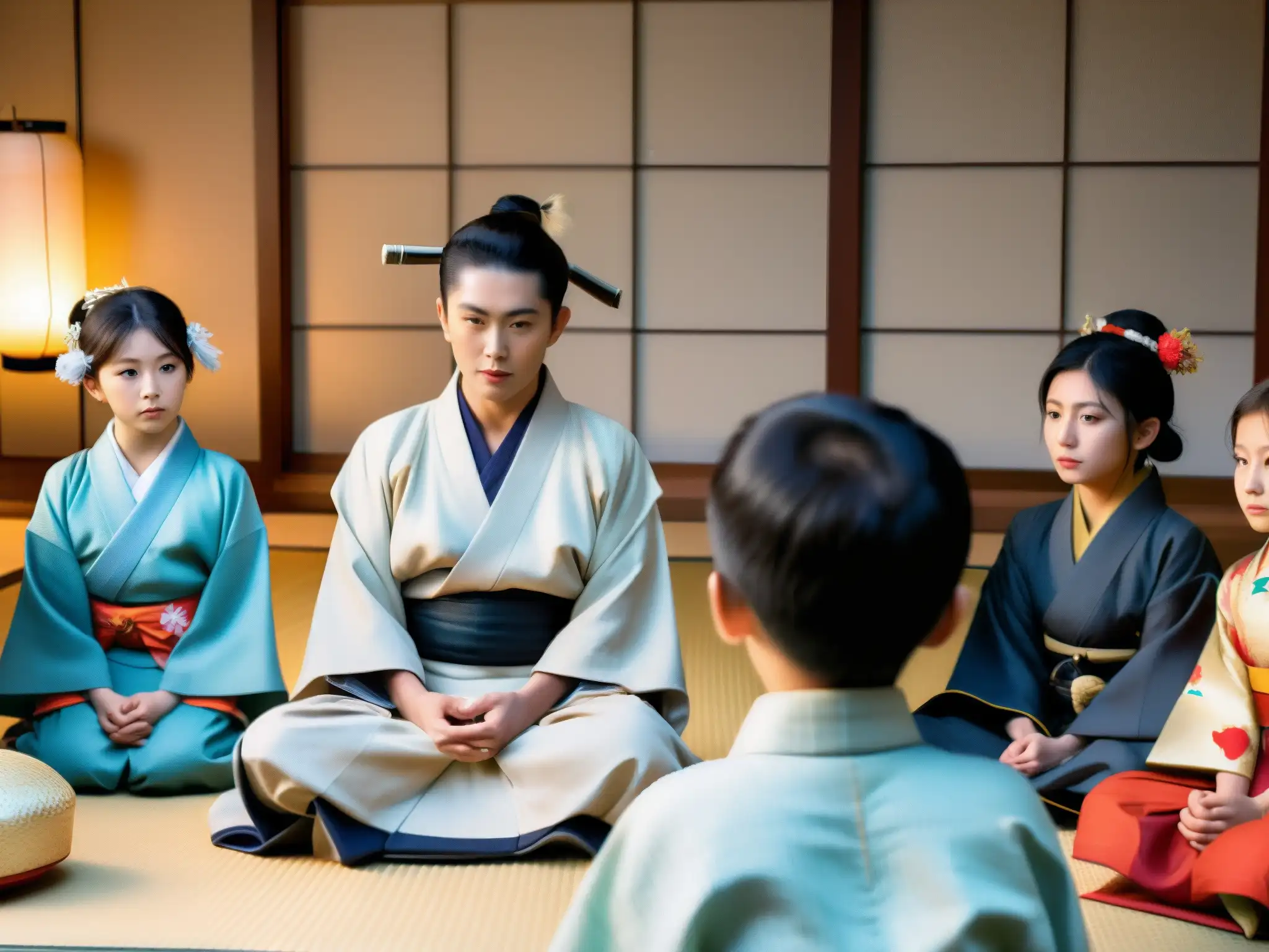 Grupo de influencers escuchando atentamente a un narrador de mitos japoneses
