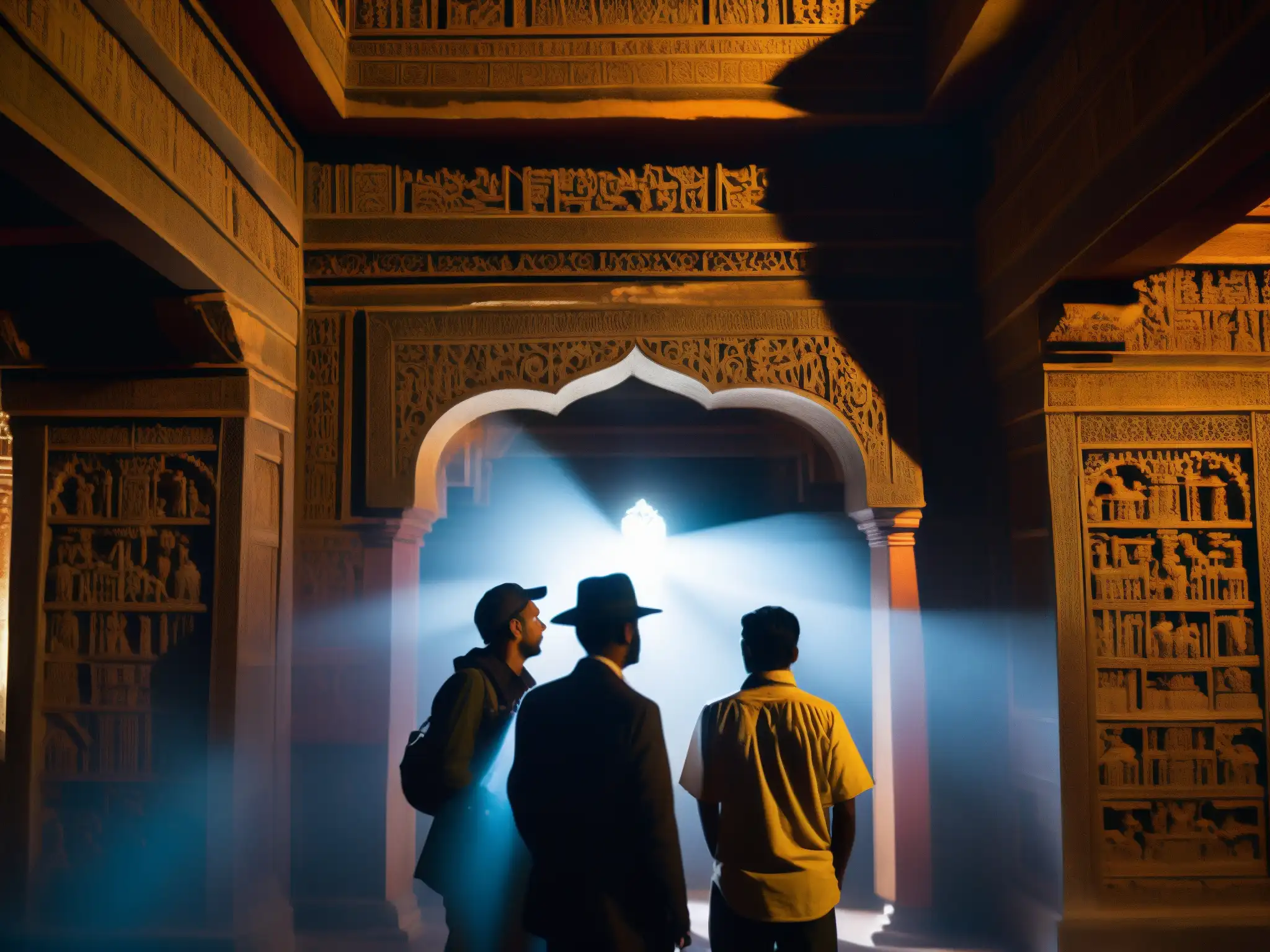 Grupo de investigadores explorando fenómenos paranormales en un palacio antiguo en Nepal, con expresiones de intriga y asombro
