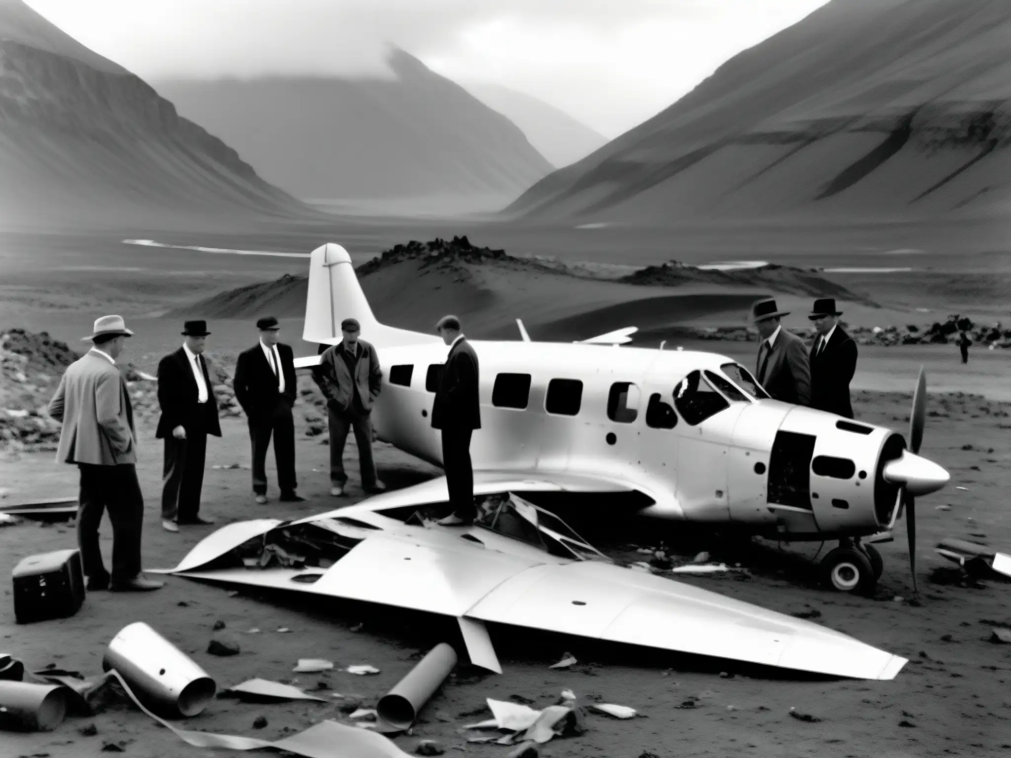Grupo de investigadores examina los restos de un avión estrellado en un lugar remoto