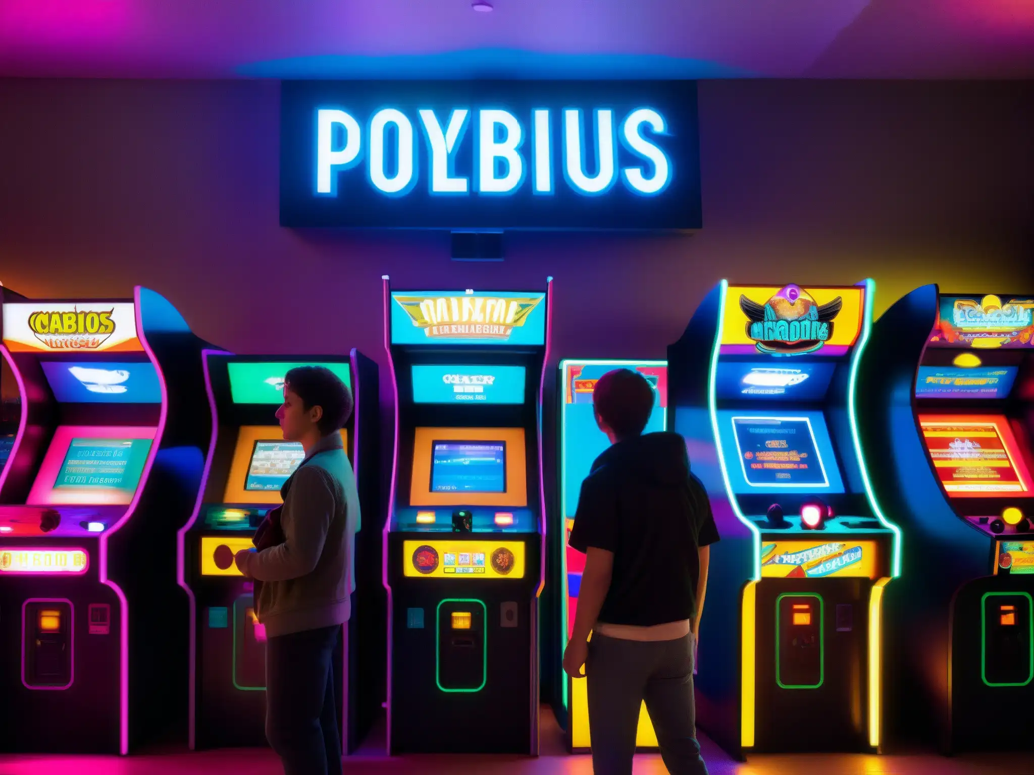 Un grupo de jóvenes se divierte en un arcade, rodeados de luces brillantes y pantallas
