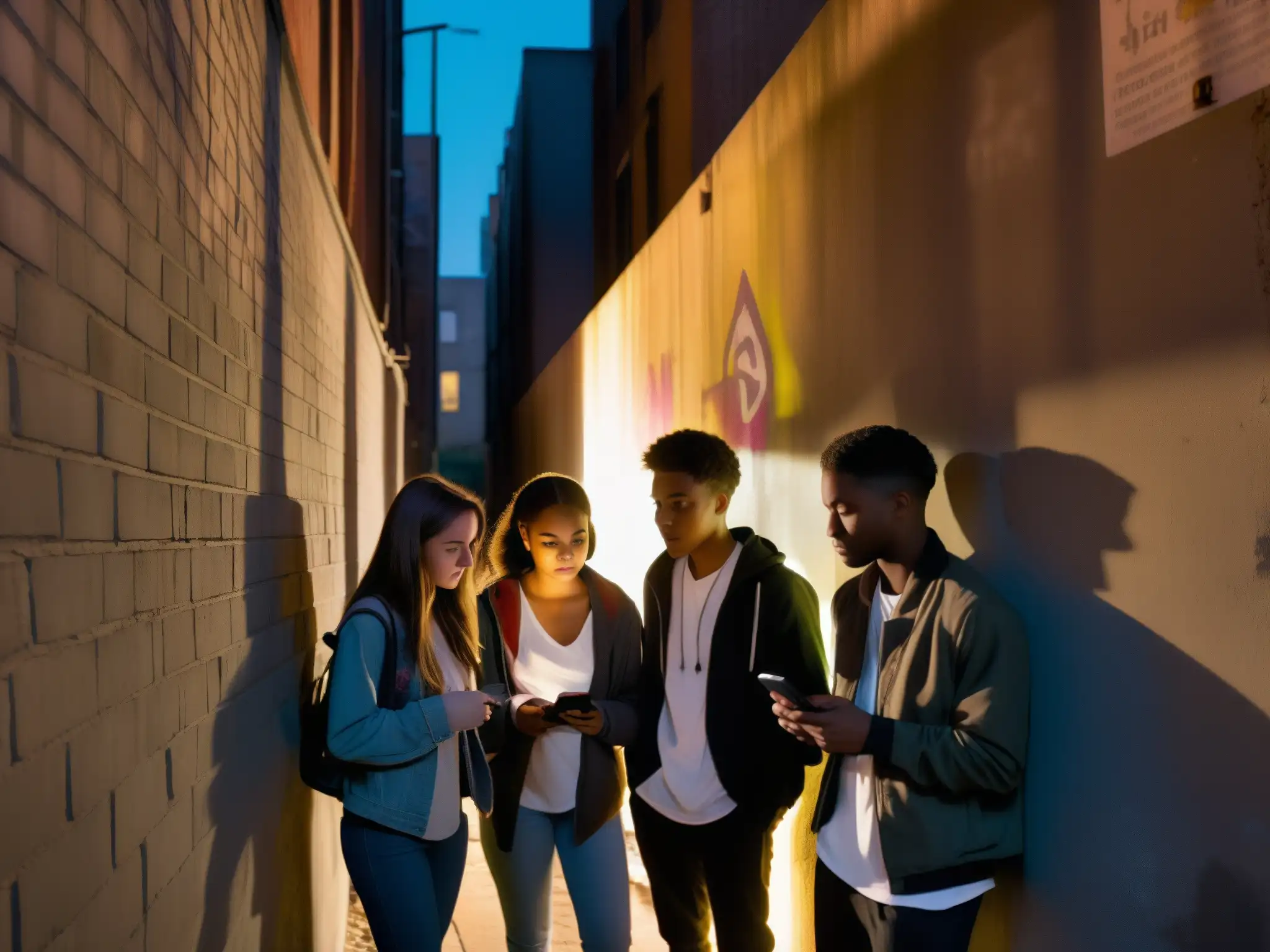 Un grupo de jóvenes escucha un cuento de terror en un callejón oscuro, iluminados por sus celulares