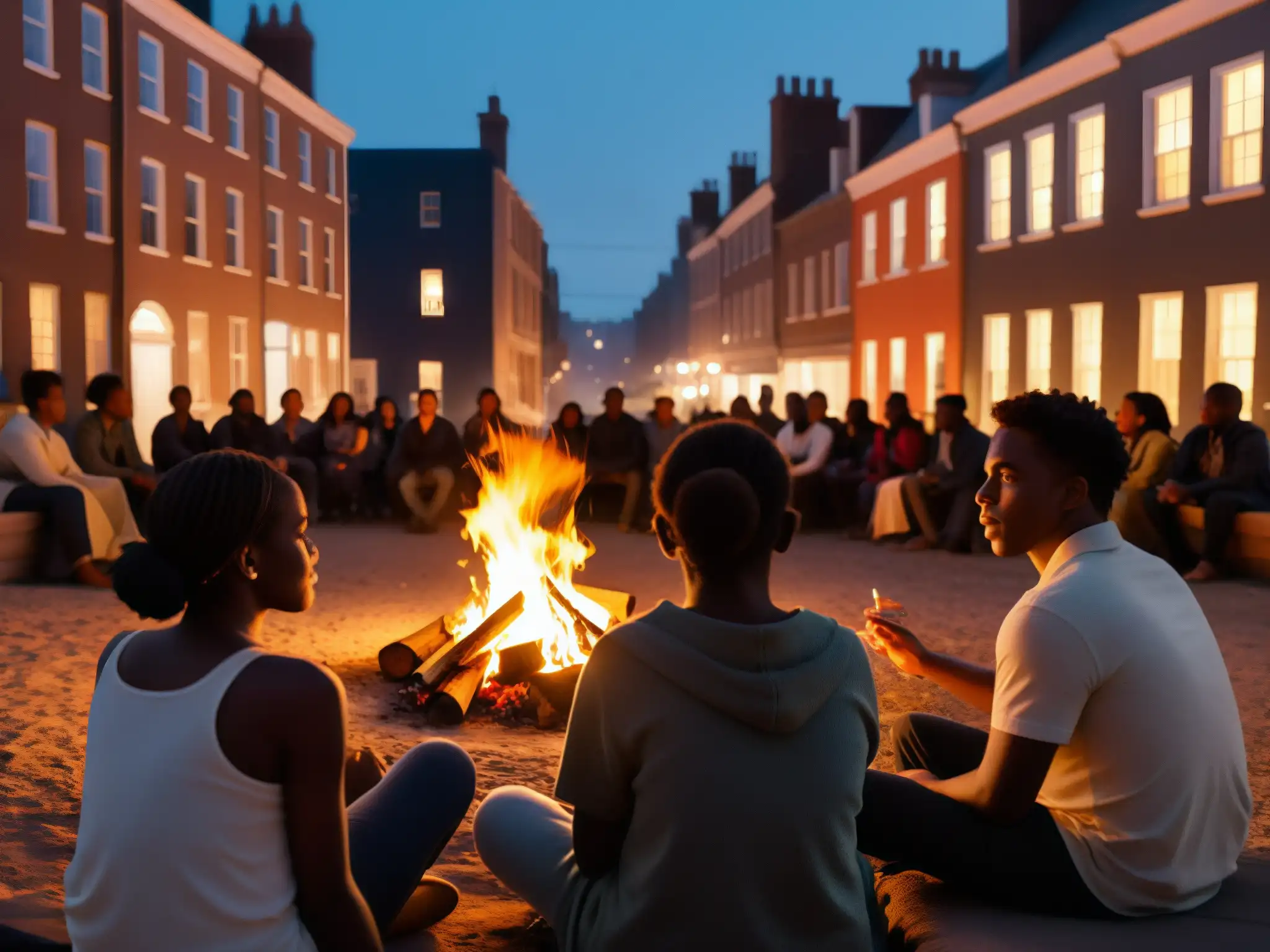 Grupo de jóvenes escuchando una historia junto al fuego en la noche, con edificios urbanos al fondo