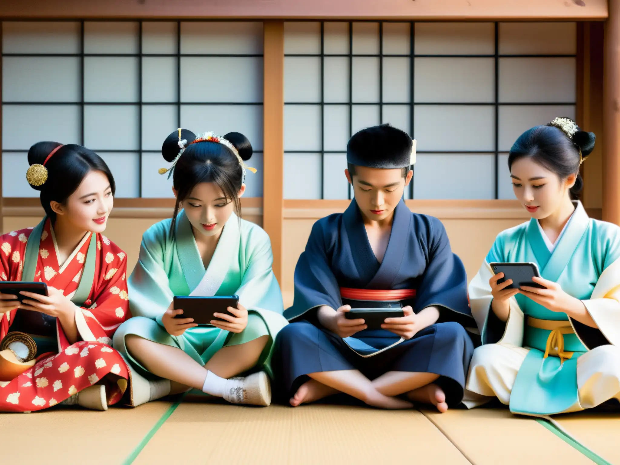 Un grupo de jóvenes influencers en ropa tradicional japonesa, combinando tecnología y tradición para reinventar mitos japoneses