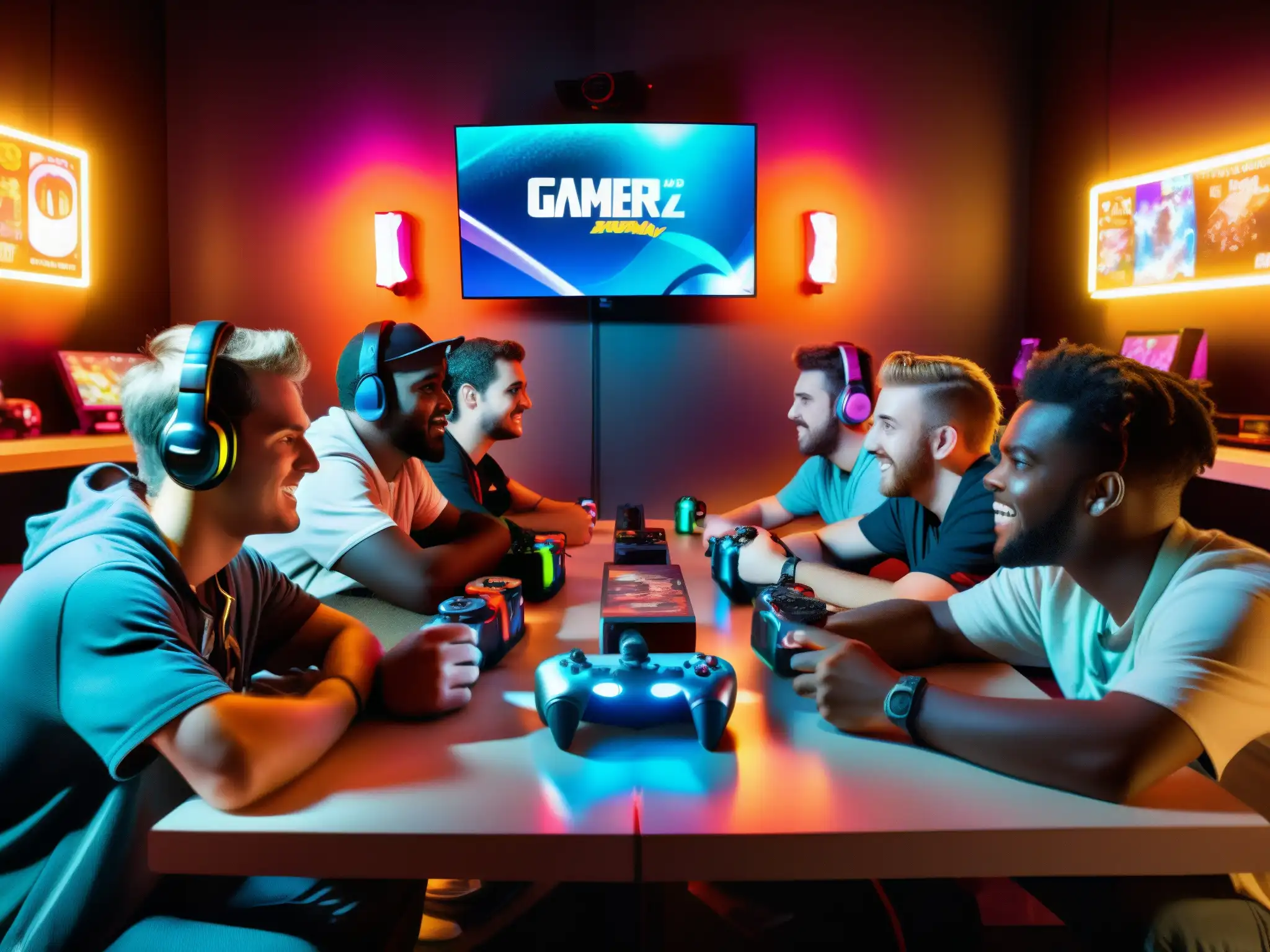 Un grupo de jugadores reunidos alrededor de una mesa tenue, con controles y latas vacías