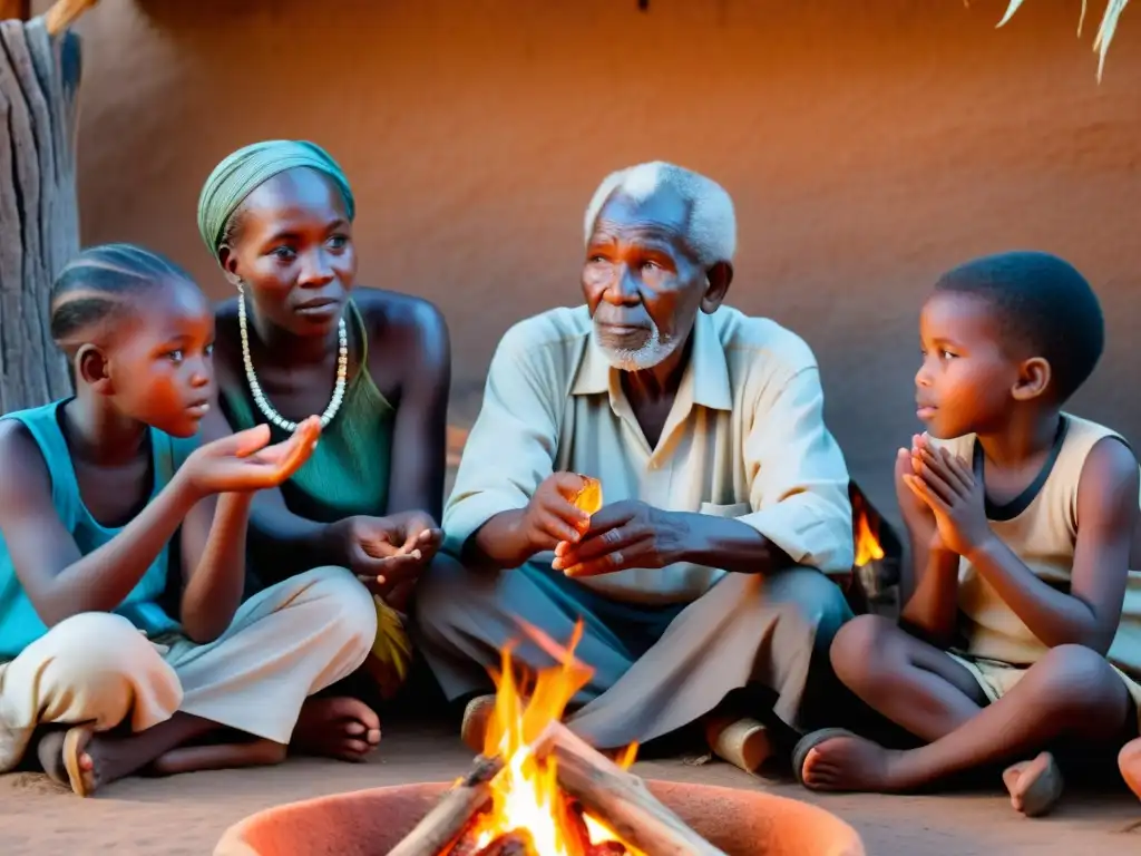 Grupo de ancianos comparte leyendas africanas alrededor del fuego, mientras niños escuchan atentos