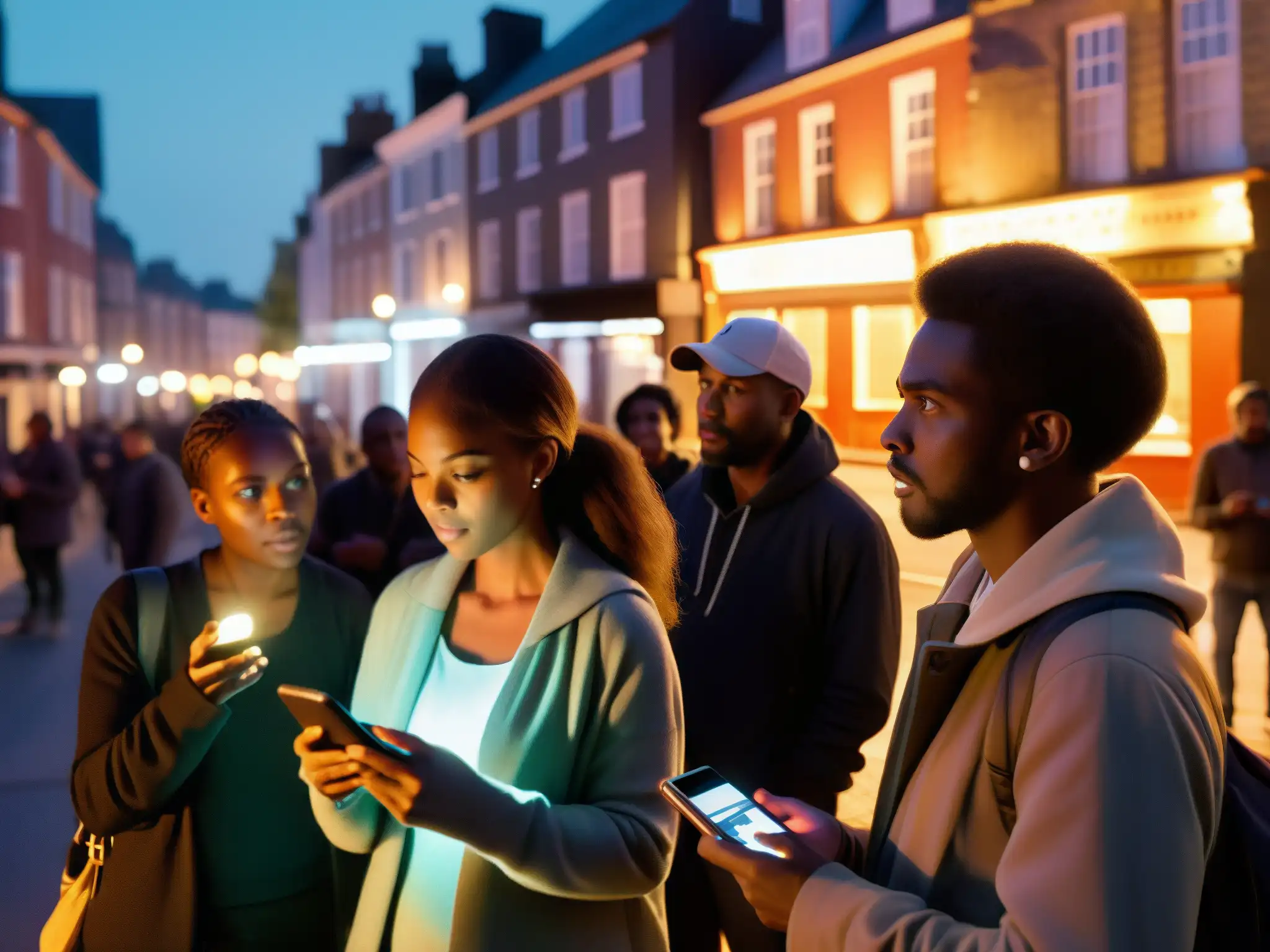 Grupo escucha con fascinación la función de las leyendas urbanas en una esquina oscura iluminada por un smartphone