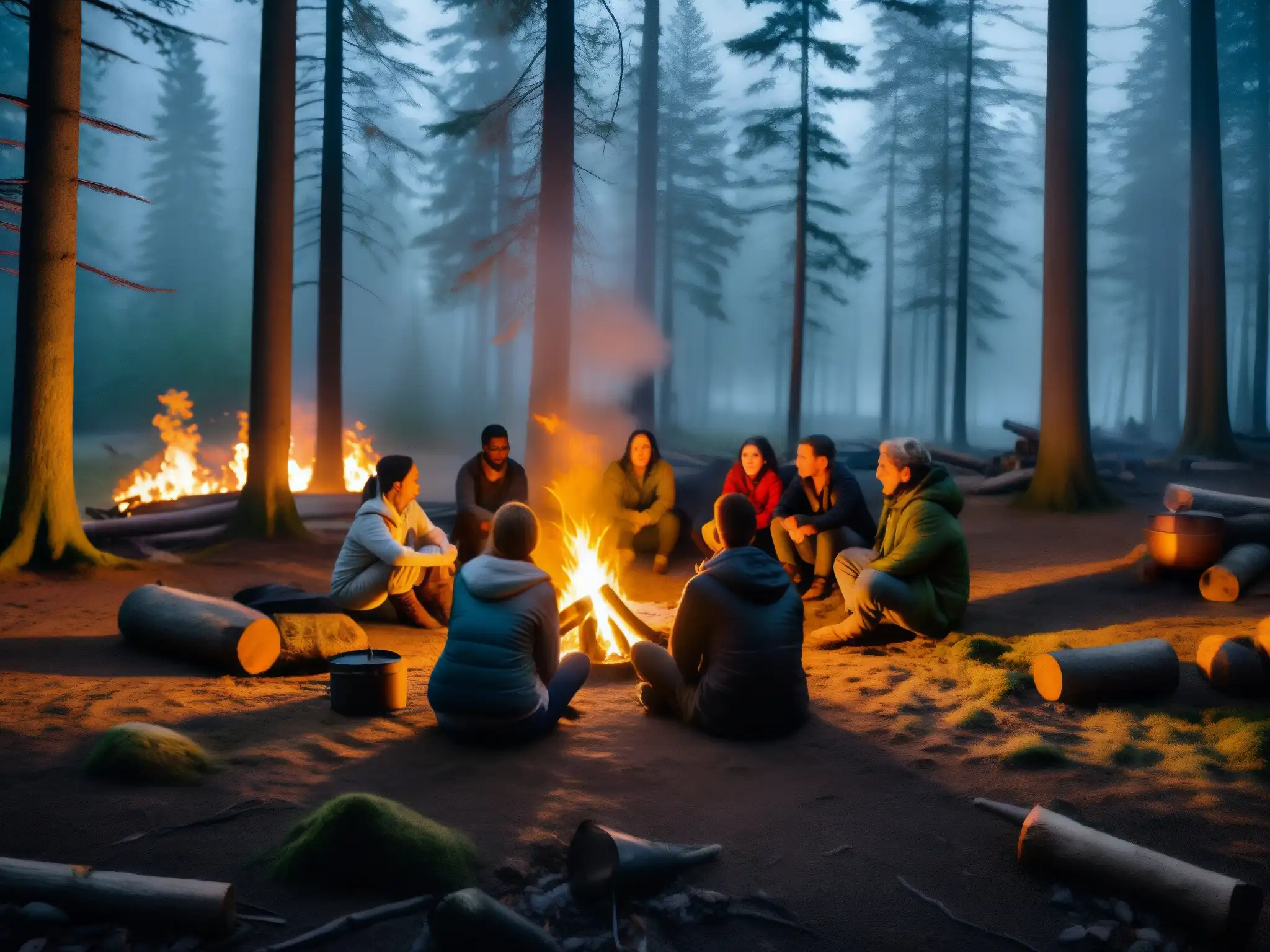 Un grupo escucha leyendas urbanas alrededor de la fogata en un bosque misterioso, capturando el impacto de la imaginación colectiva