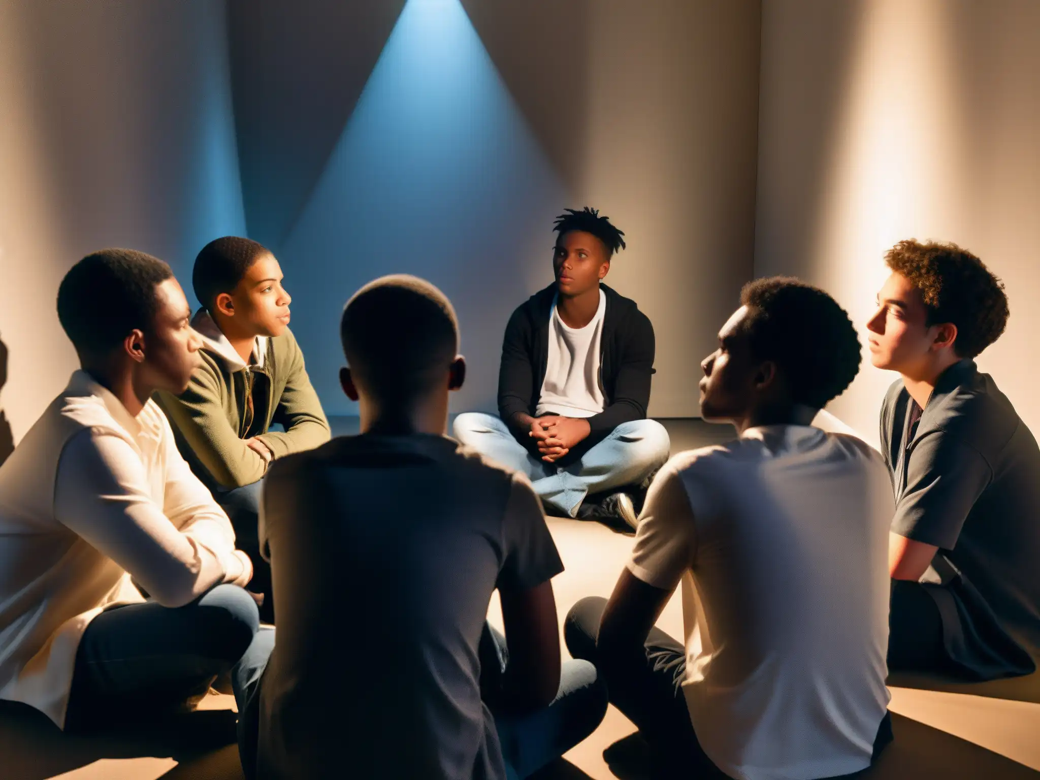 Un grupo de jóvenes discute leyendas urbanas en una sala misteriosa