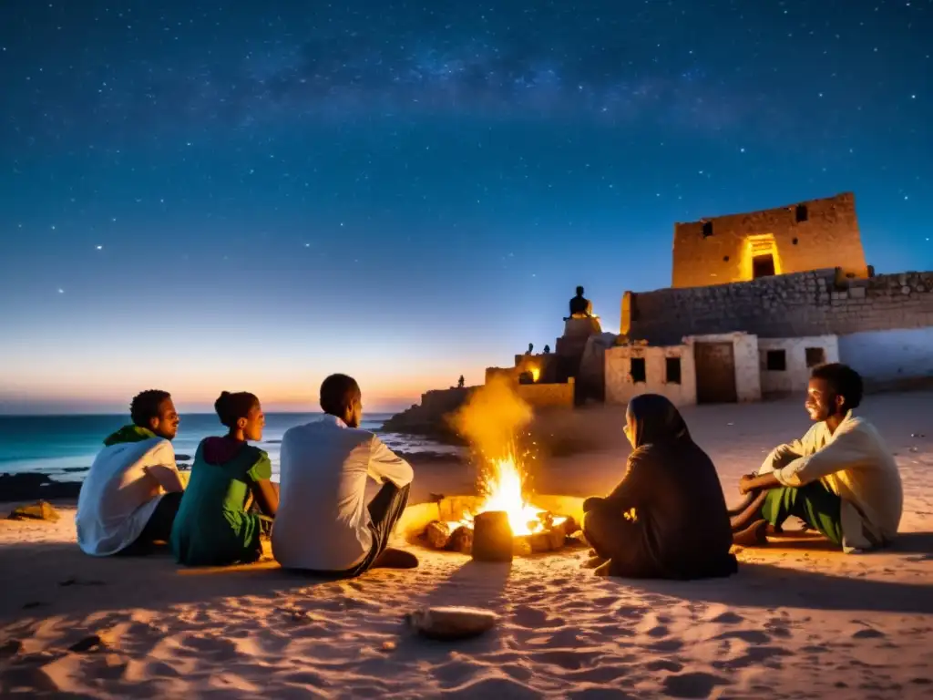 Grupo de lugareños alrededor de una fogata en Mogadiscio, con ruinas y estrellas en la noche, evocando mitos y leyendas urbanas