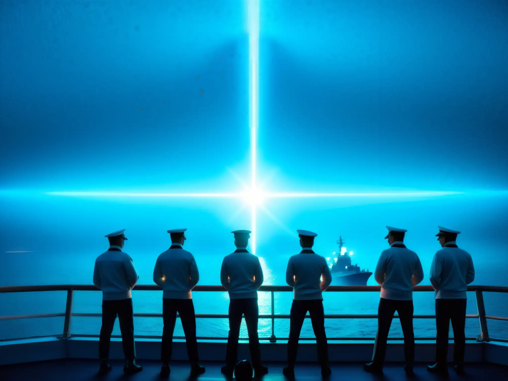 Grupo de marineros en un barco de guerra con un efecto distorsionado, sugiriendo experimento Filadelfia teletransportación naval