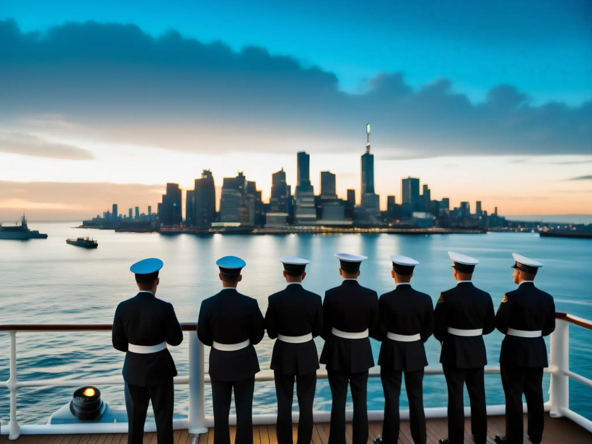 Grupo de marineros observando misteriosa luz azul en el cielo sobre el Experimento Filadelfia teletransportación naval