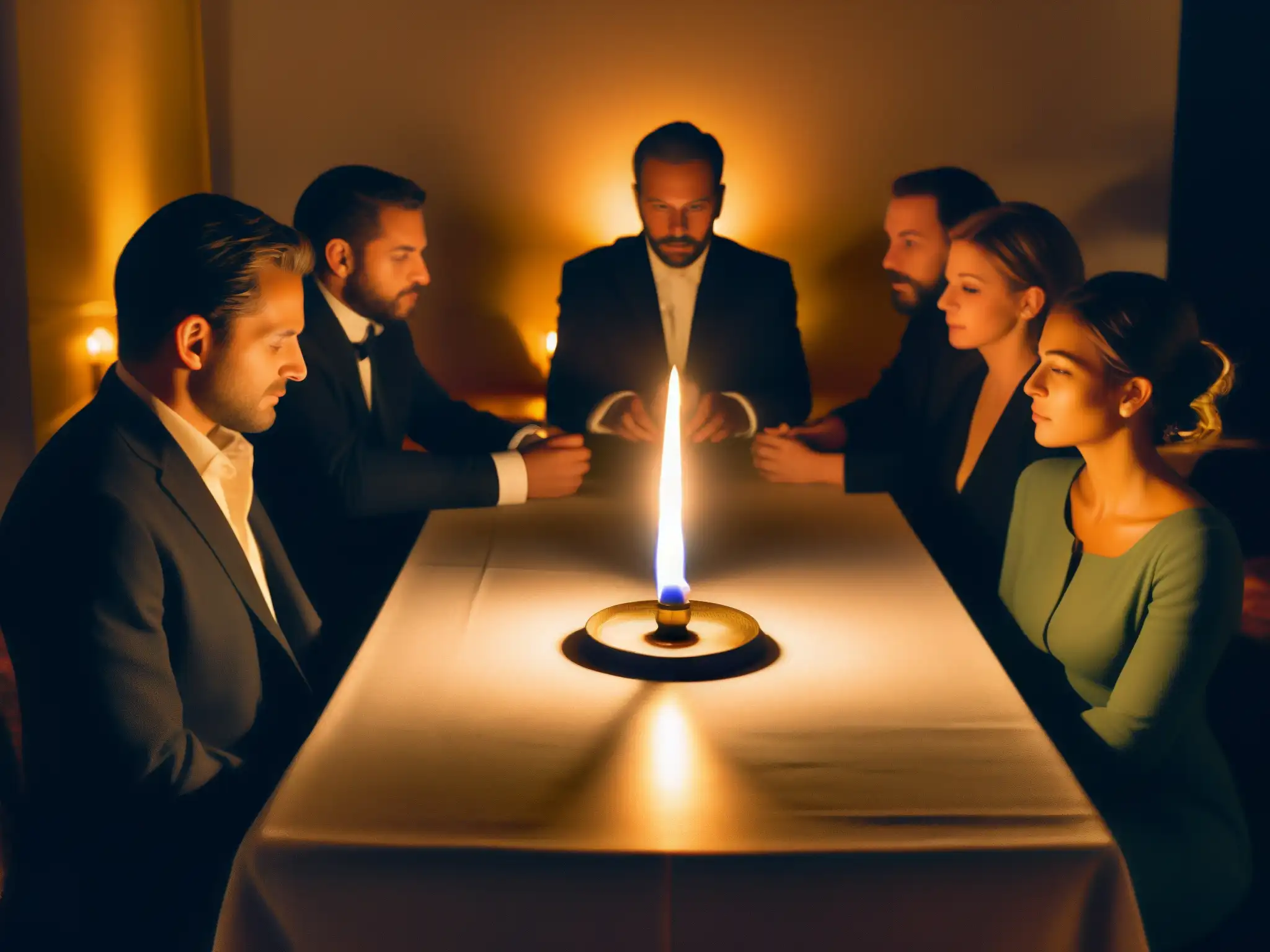 Un grupo en una mesa iluminada por velas participa en una sesión espiritista