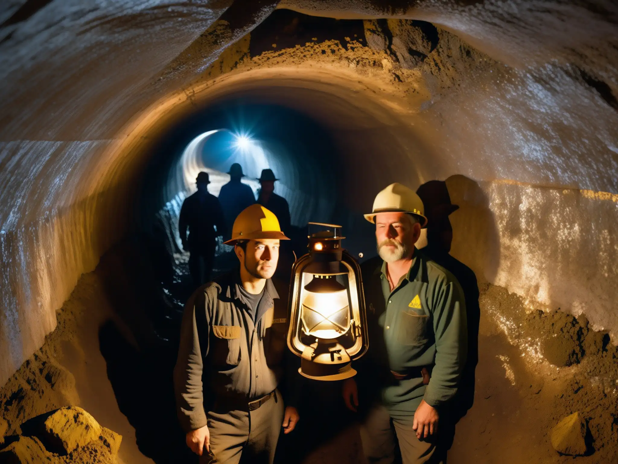 Un grupo de mineros fatigados y determinados se reúnen en un túnel subterráneo, iluminado por una lámpara titilante